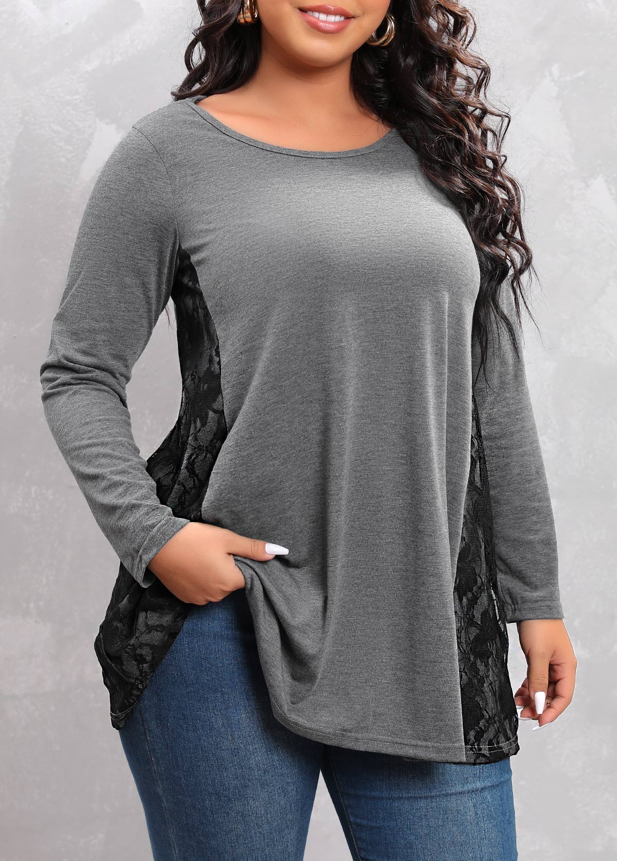 Grey Plus Size Lace Stitching T Shirt