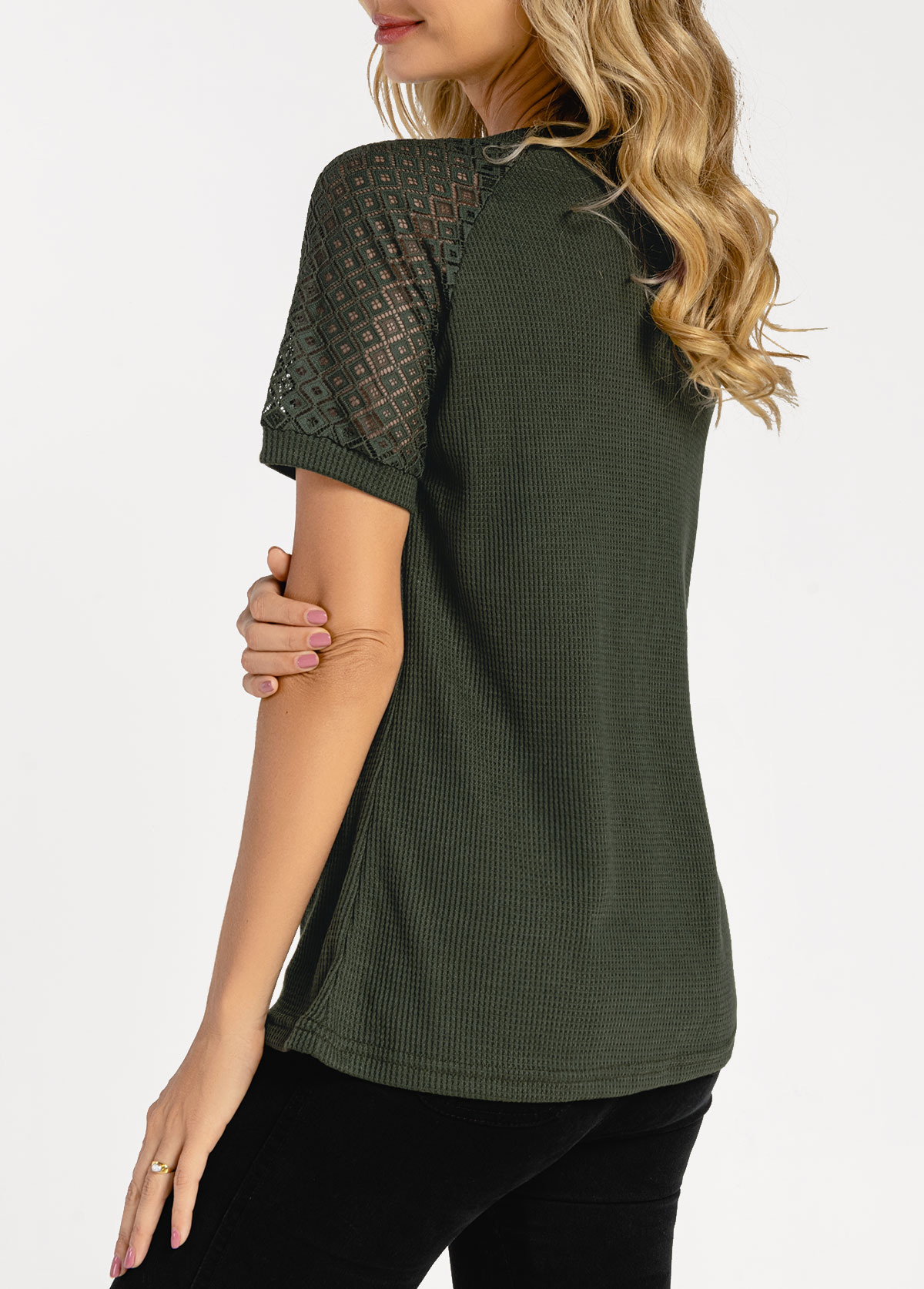 Waffle Knit Army Green Lace Patchwork T Shirt