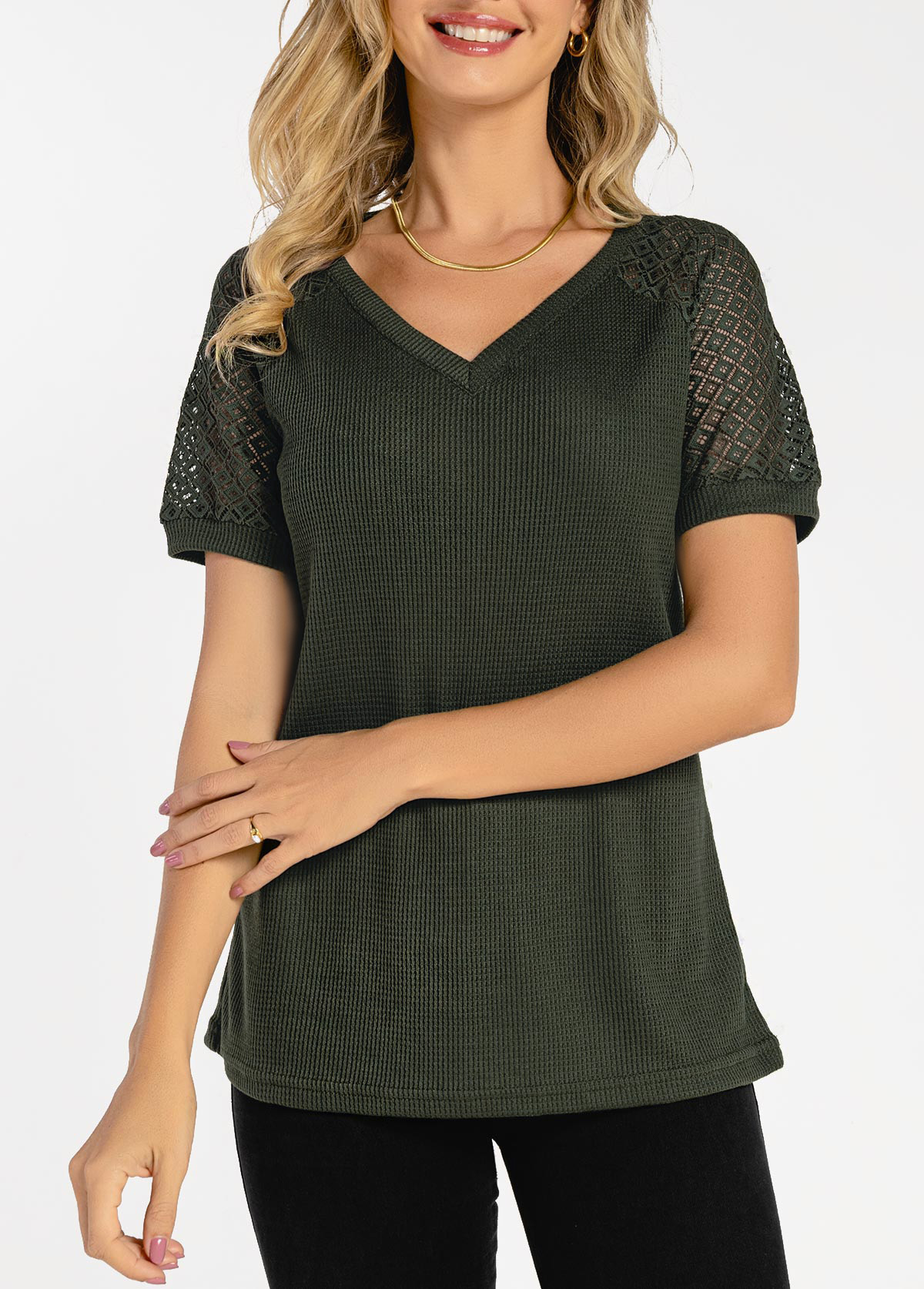 Waffle Knit Army Green Lace Patchwork T Shirt