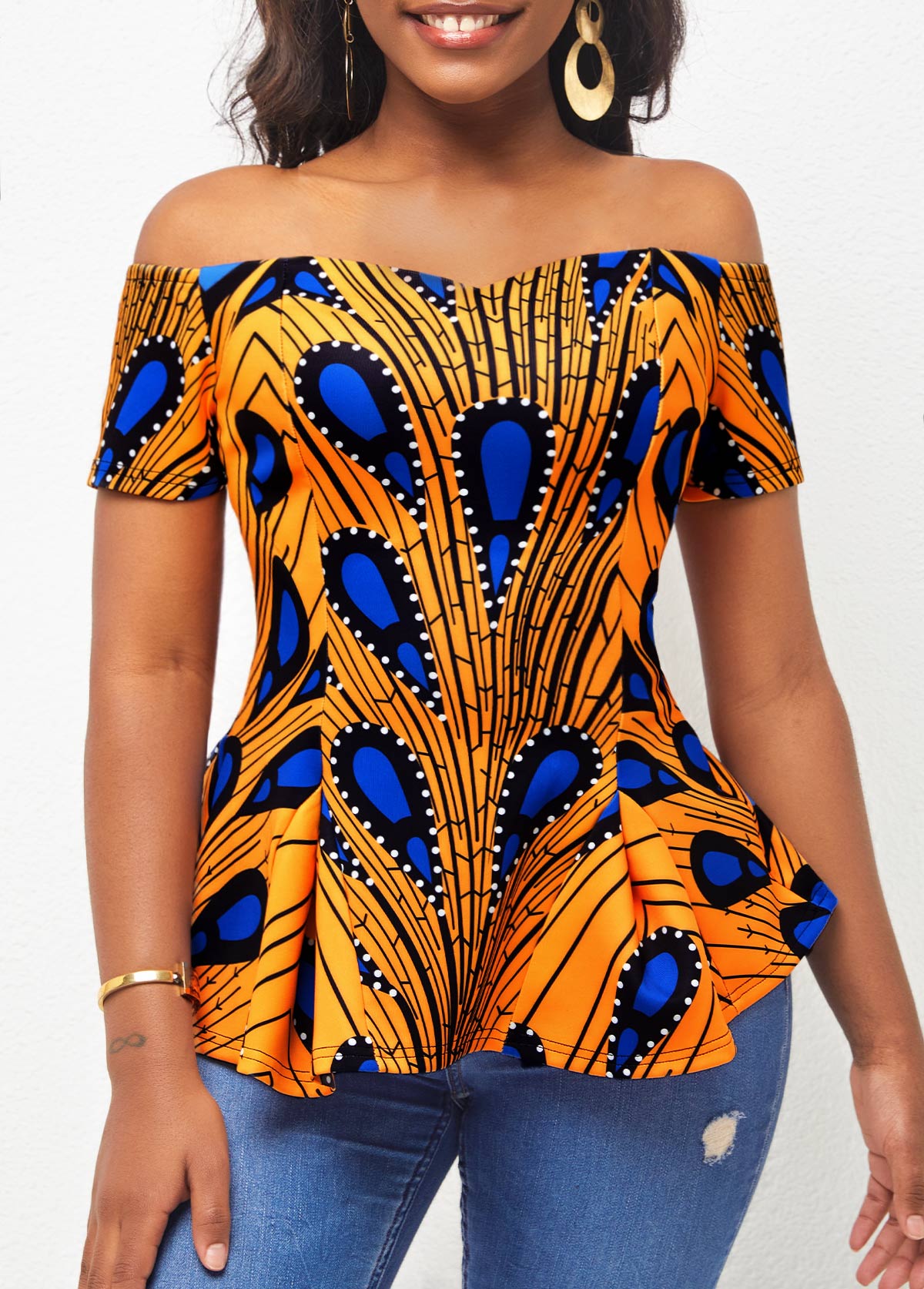 Ginger Peacock Feather Print Off Shoulder T Shirt