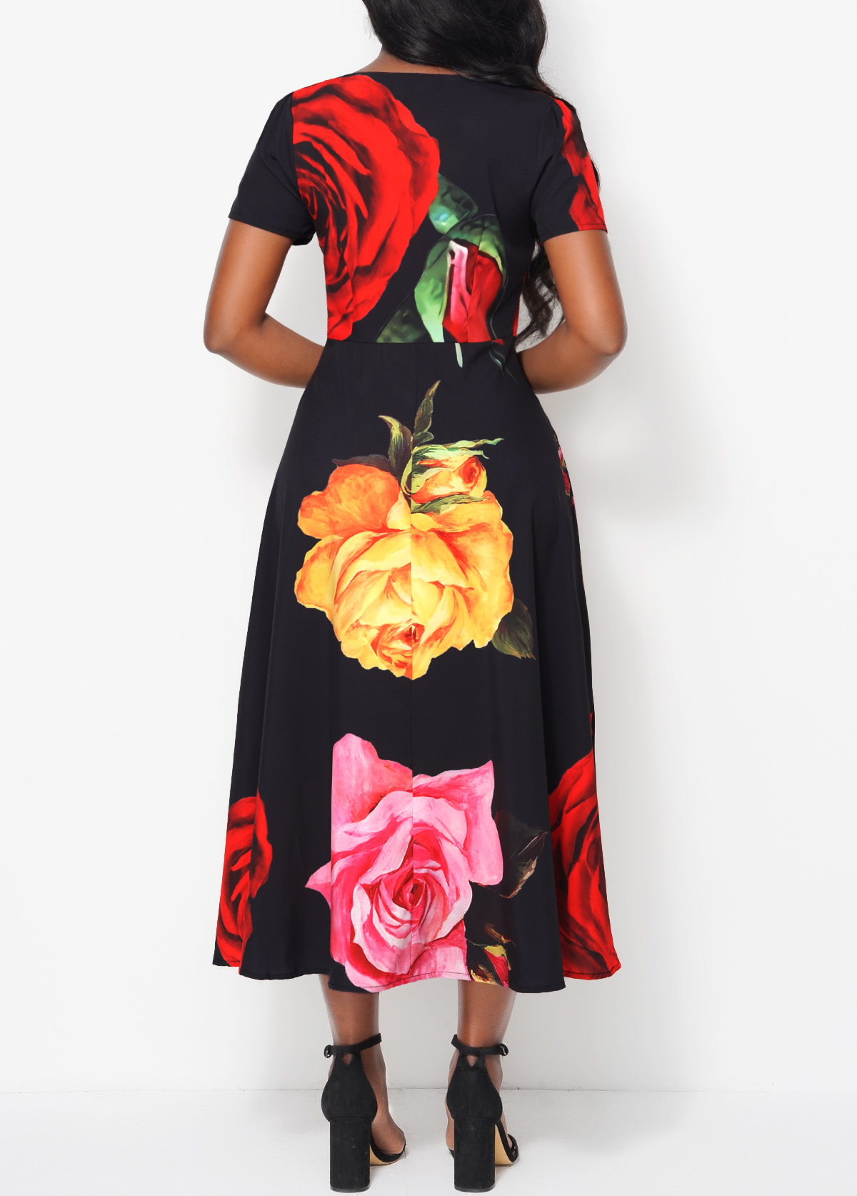 Black Short Sleeve Floral Print Dress