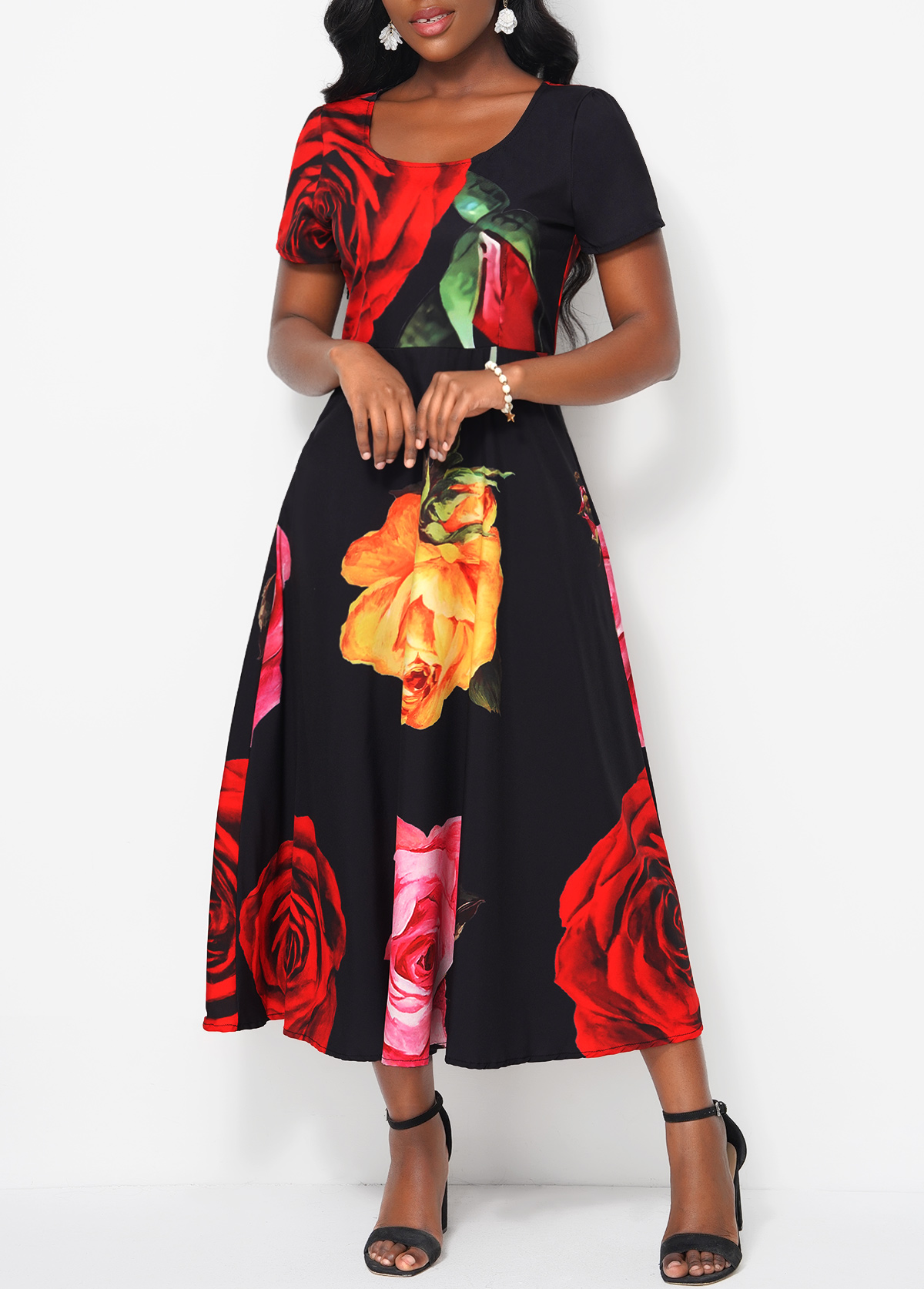 Black Short Sleeve Floral Print Dress