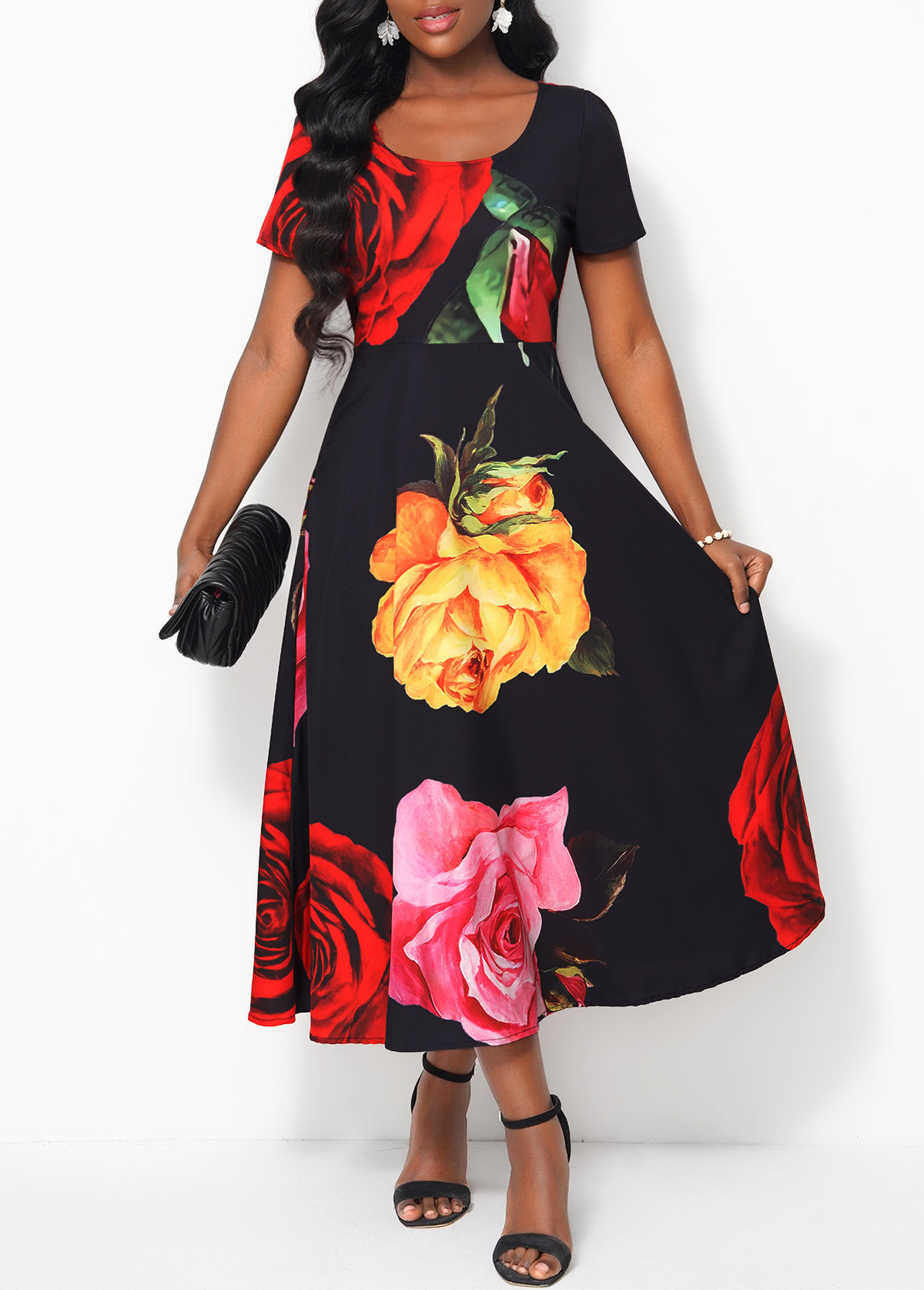 Black Short Sleeve Floral Print Dress