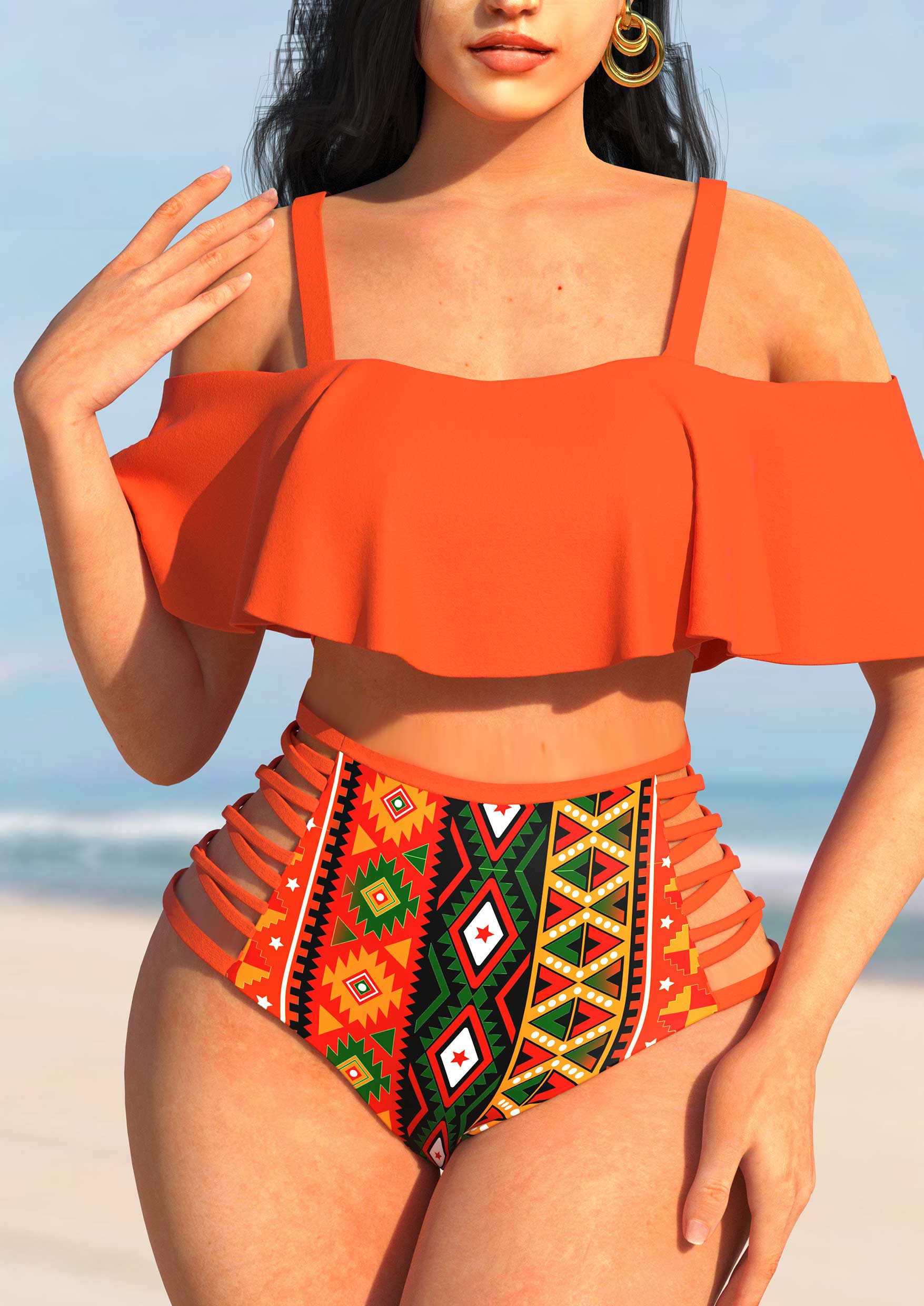 High Waisted Orange Tribal Print Bikini Set