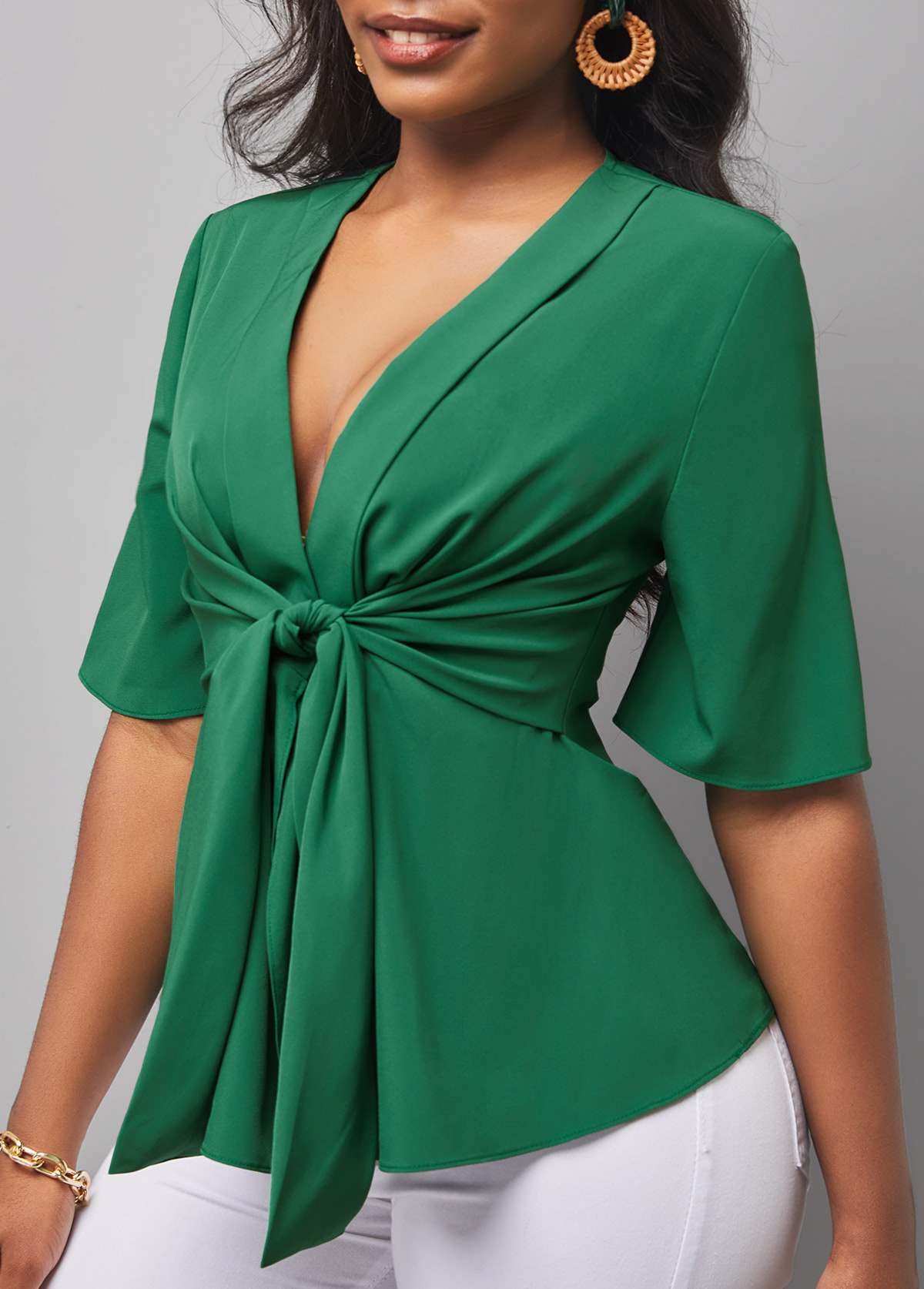 Green Half Sleeve Tie Front Fold Blouse