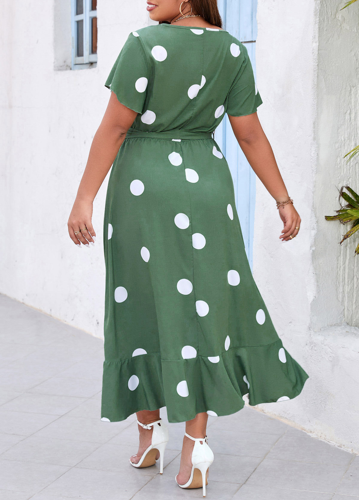Green Plus Size Belted Polka Dot Dress