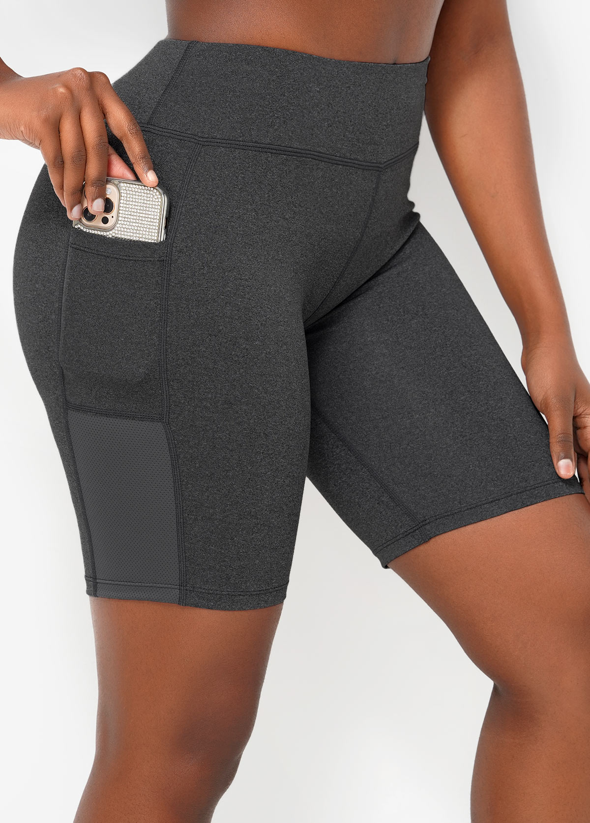Grey Fabric Stitching Pocket Mid Waist Shorts