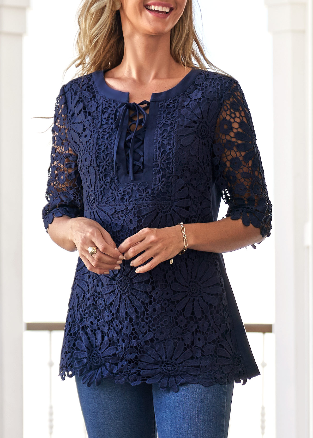 Navy Blue Split Neck Lace Stitching Blouse