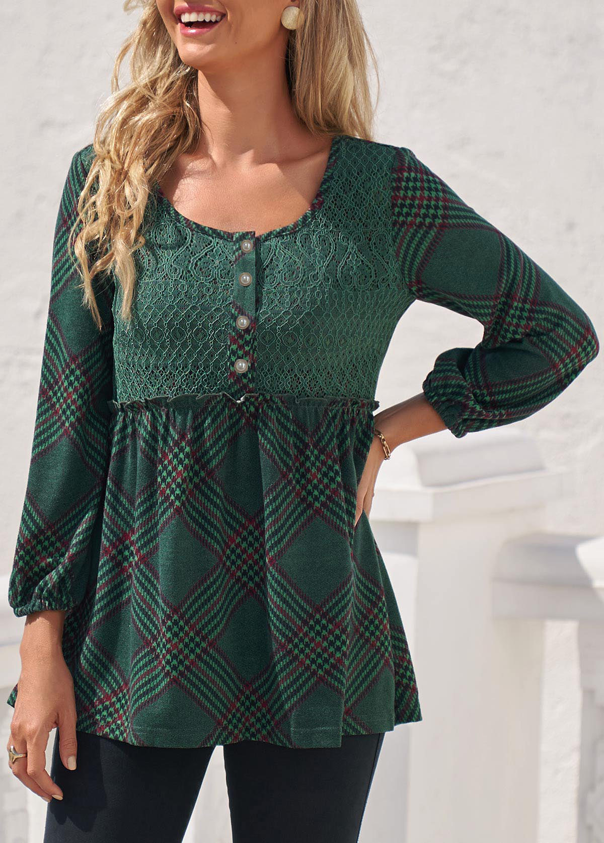 Plaid Blackish Green Stringy Selvedge Lace Stitching Blouse