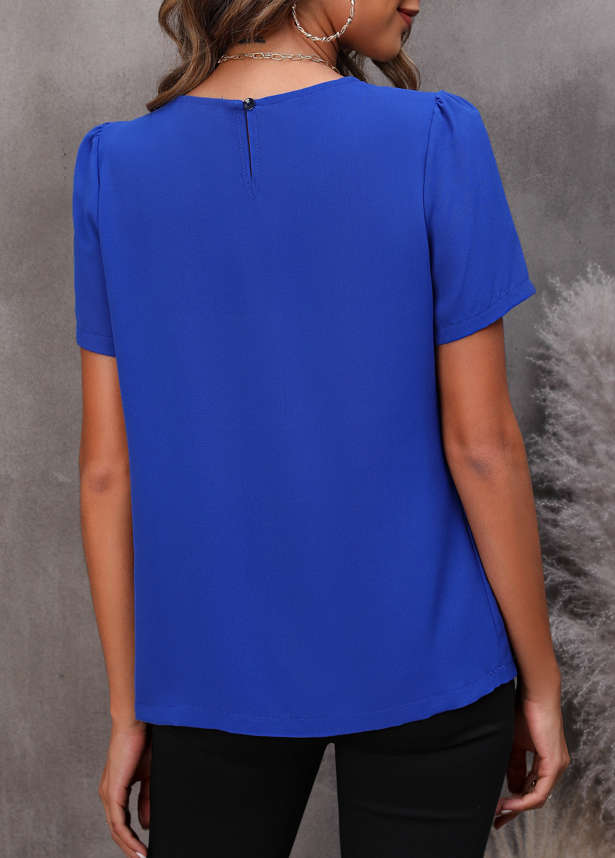 Blue Round Neck Short Sleeve Fold T Shirt