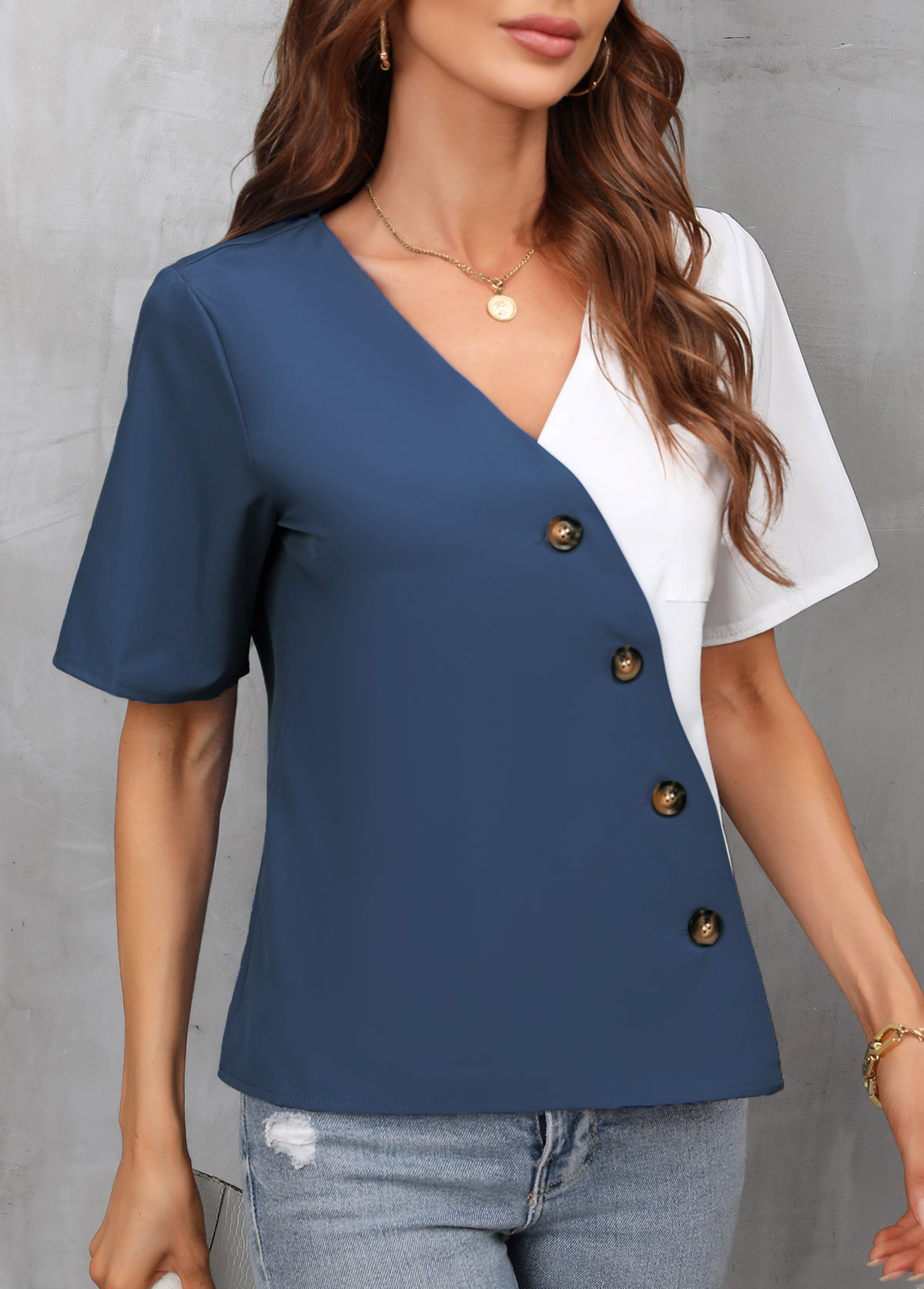 Inclined Button Contrast V Neck Blue Blouse