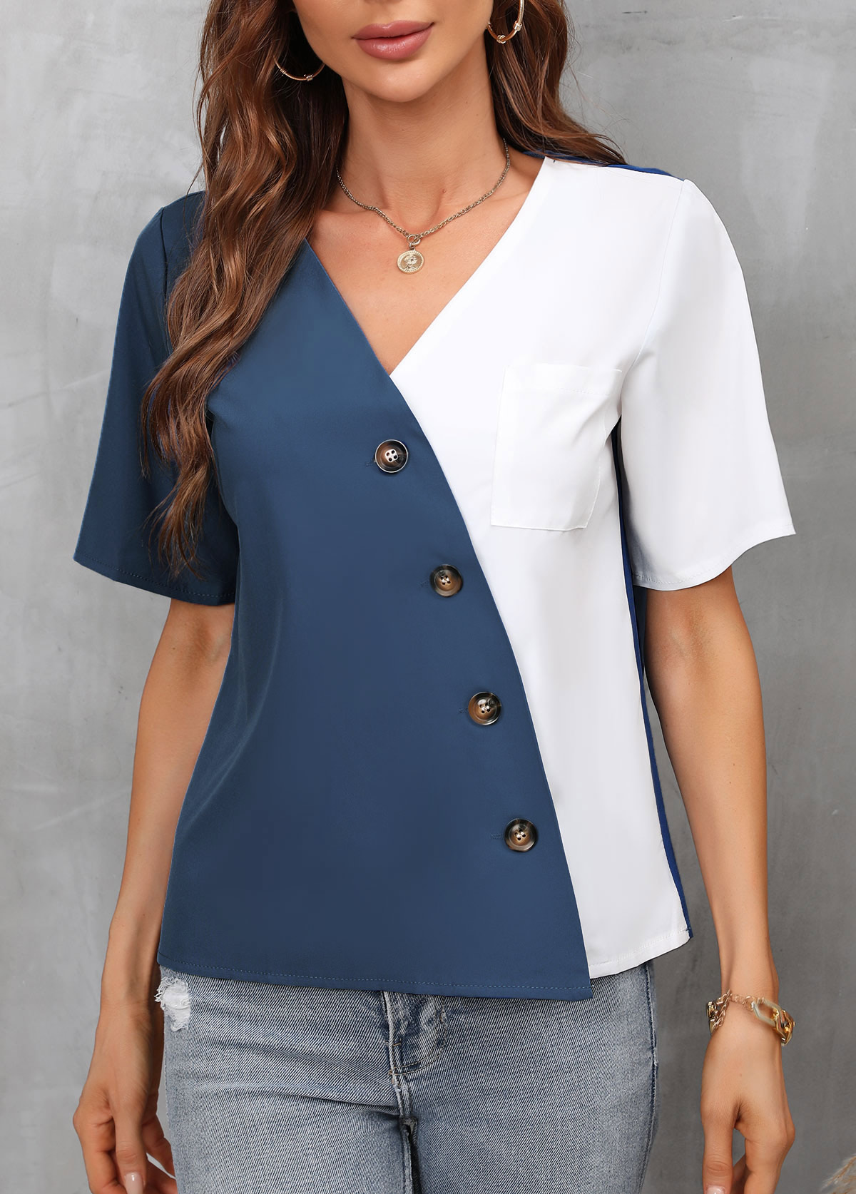 Inclined Button Contrast V Neck Blue Blouse