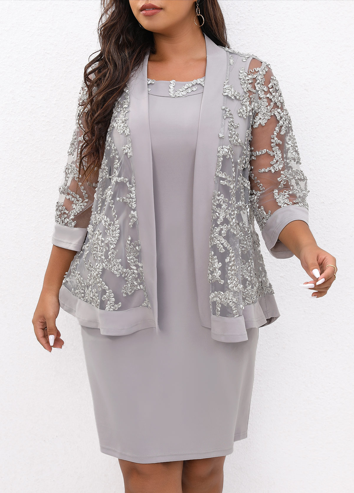 Light Grey Plus Size Fabric Stitching Cardigan and Dress