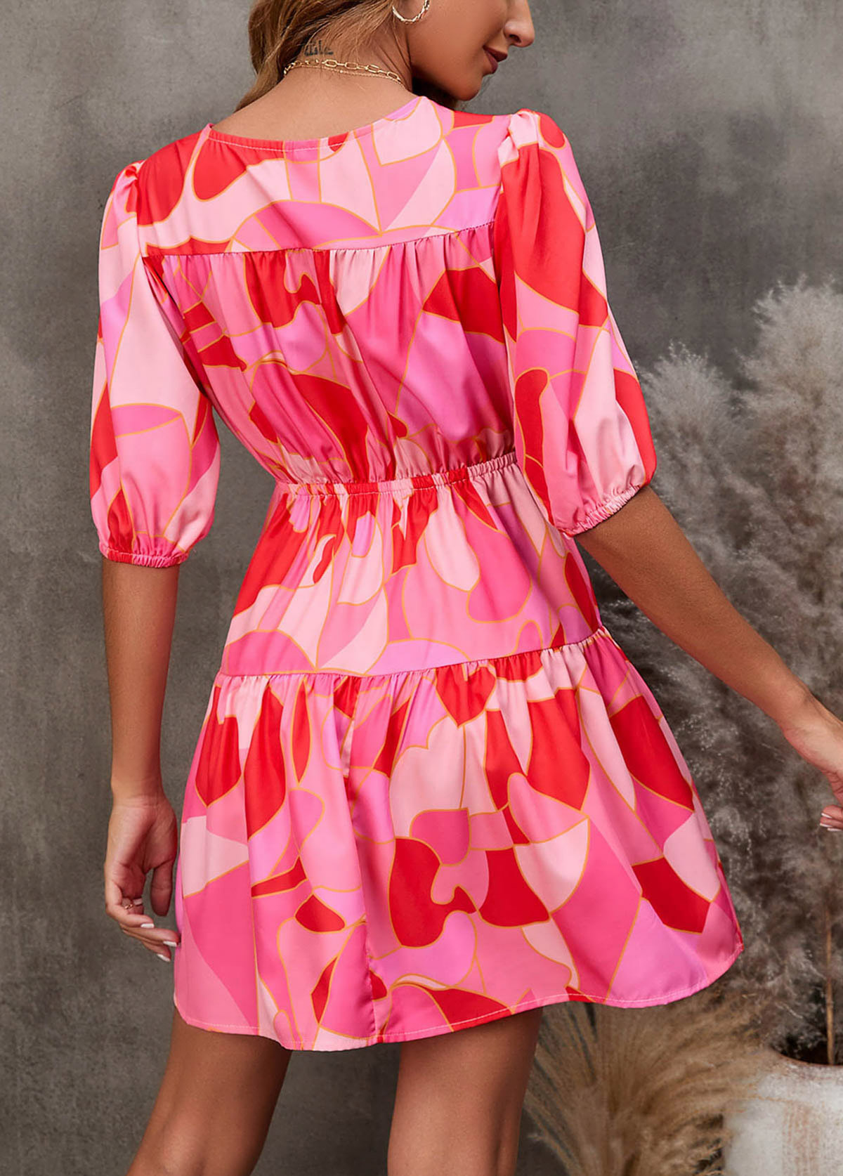 Rose Red Drawstring Waist Geometric Print Dress
