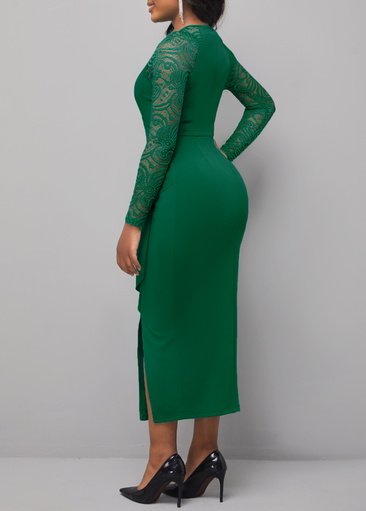 Flounce Cutout Detail Lace Stitching Green Dress