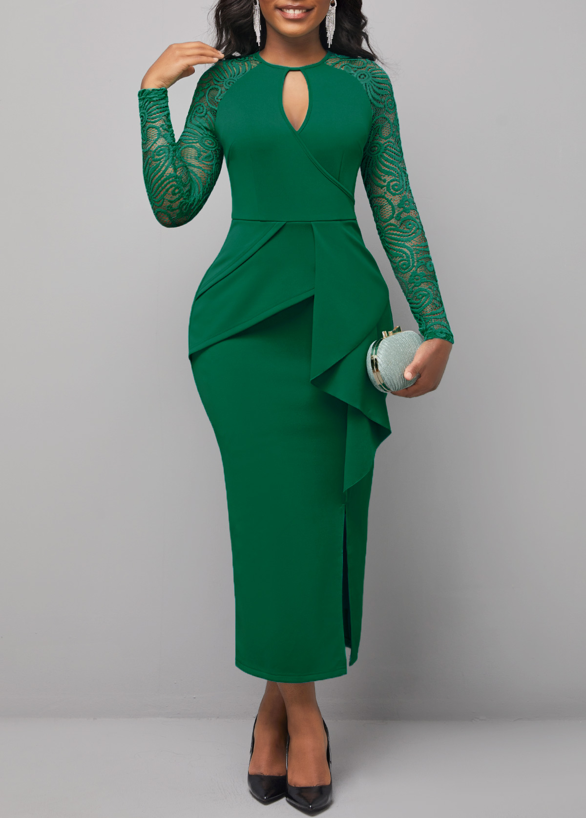 Flounce Cutout Detail Lace Stitching Green Dress
