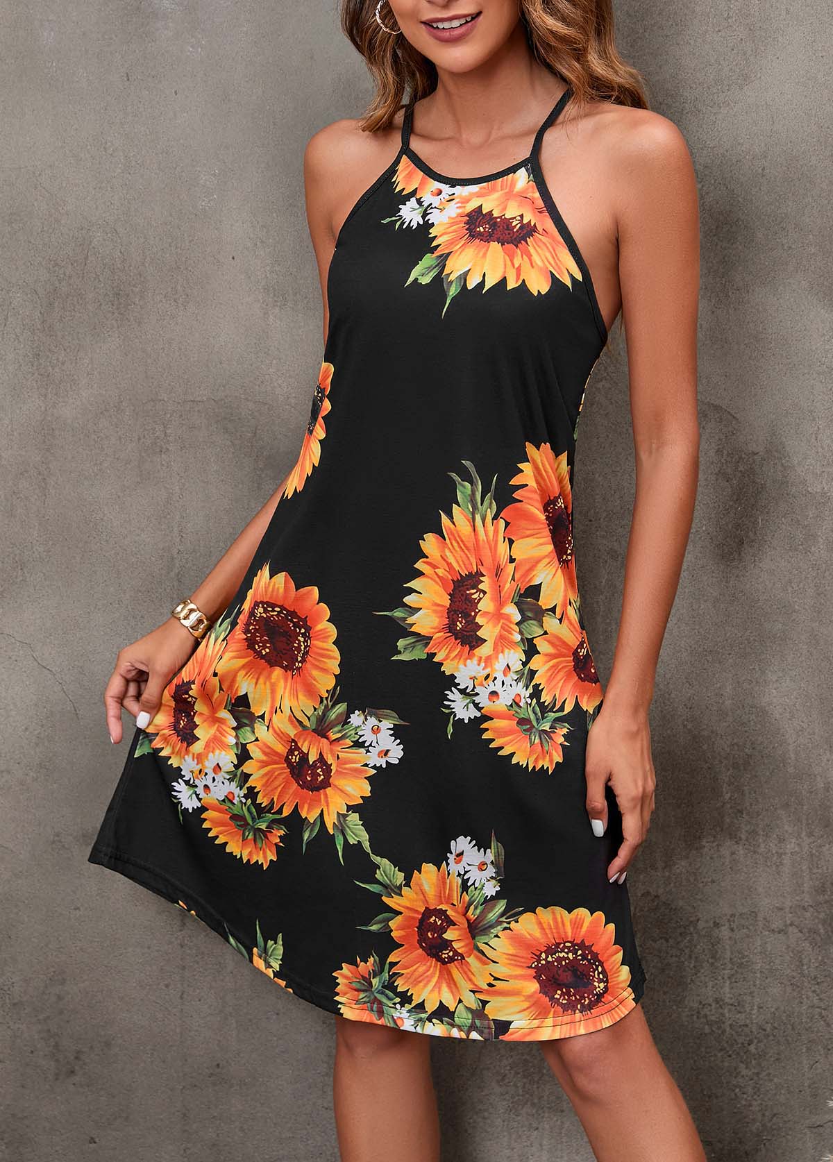 Black Sunflower Print Spaghetti Strap Dress