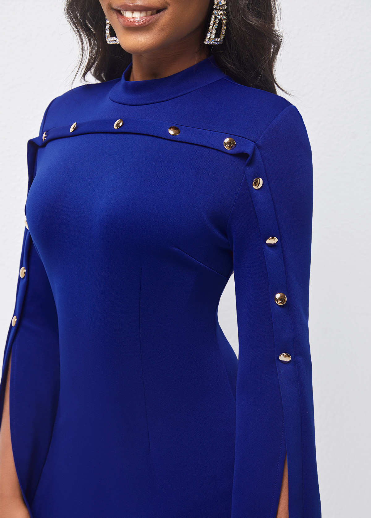 Royal Blue Long Sleeve Decorative Button Dress