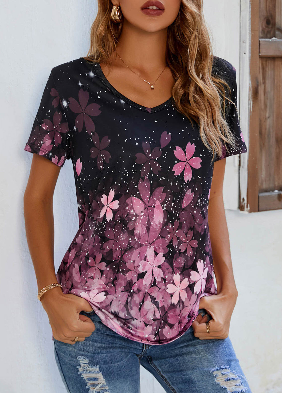 Pink Floral Print V Neck T Shirt