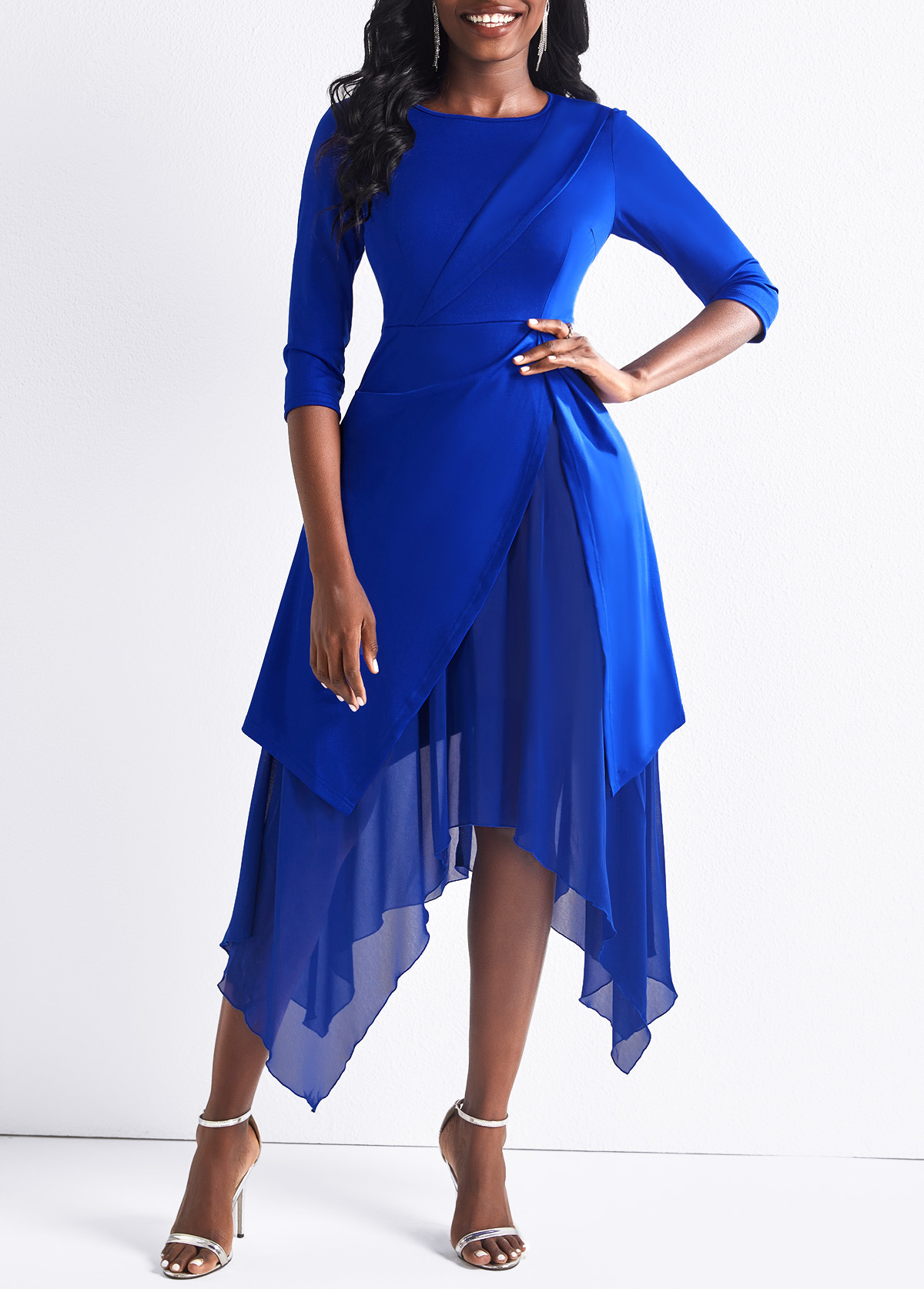Asymmetric Hem 3/4 Sleeve Royal Blue Dress