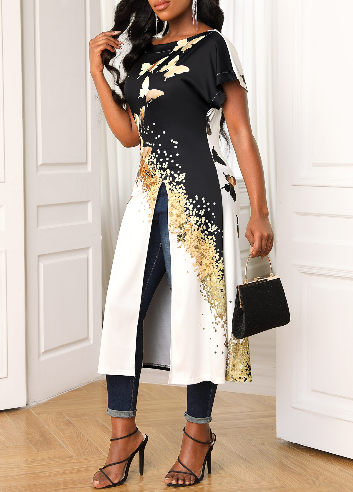 White Side Slit Butterfly Print Round Neck Blouse