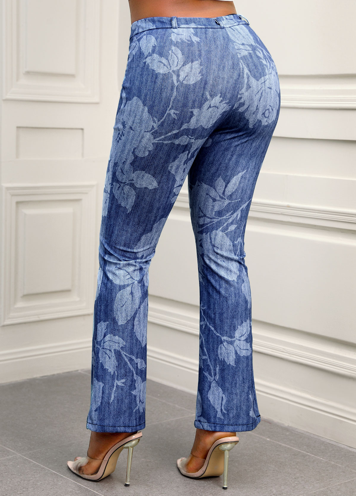 Denim Blue Floral Print Mid Waist Jeans