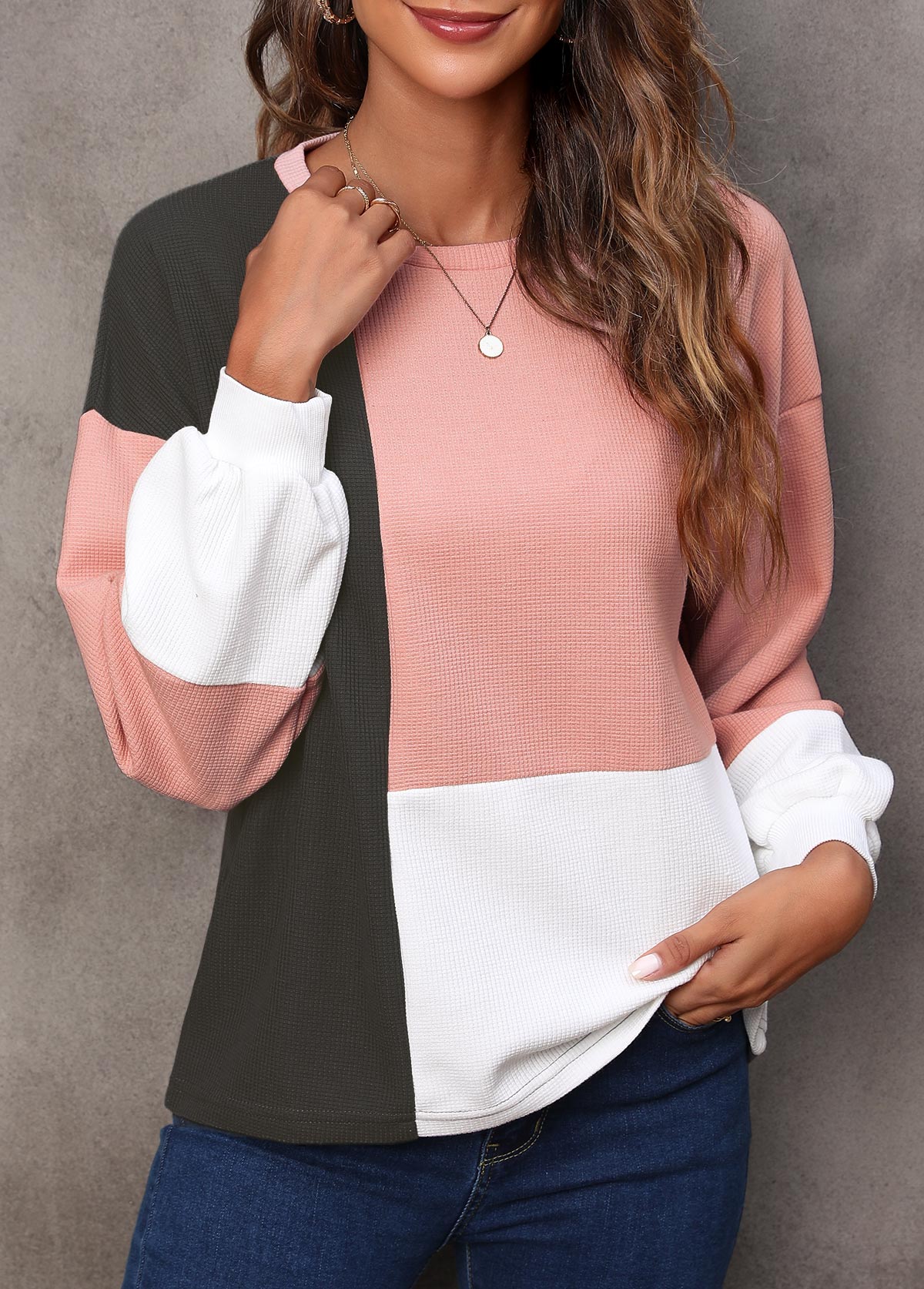 Light Pink Long Sleeve Contrast Sweatshirt