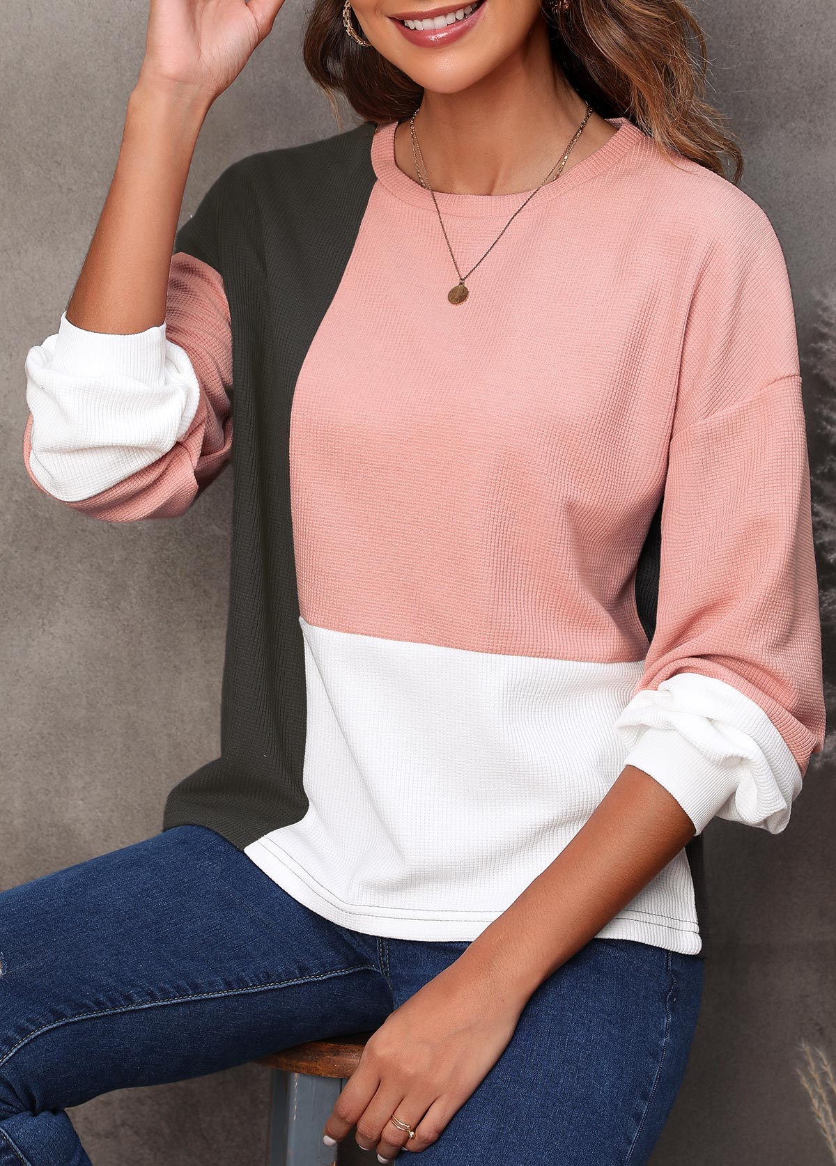 Light Pink Long Sleeve Contrast Sweatshirt
