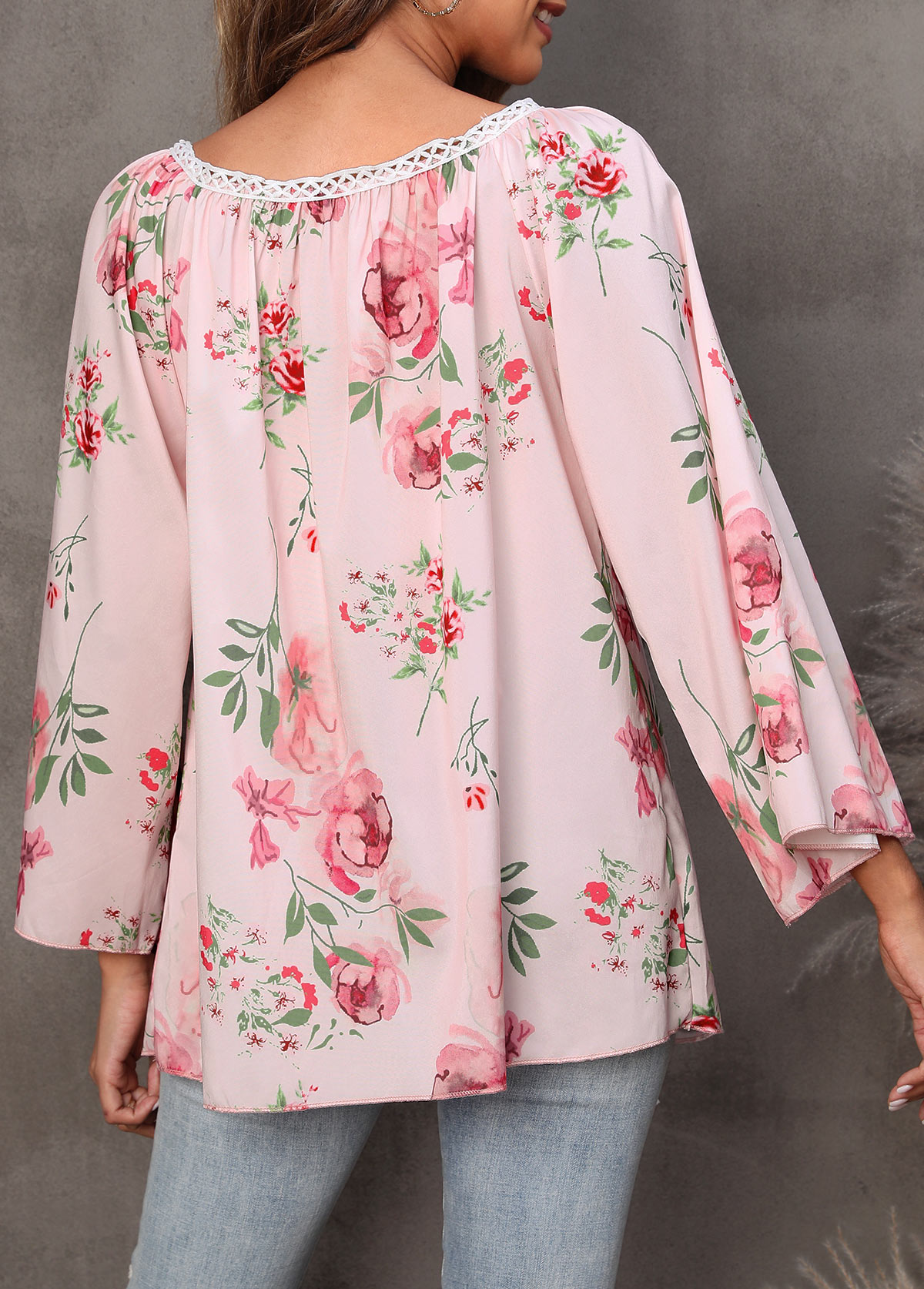 Split Neck Pink Rose Floral Print Blouse