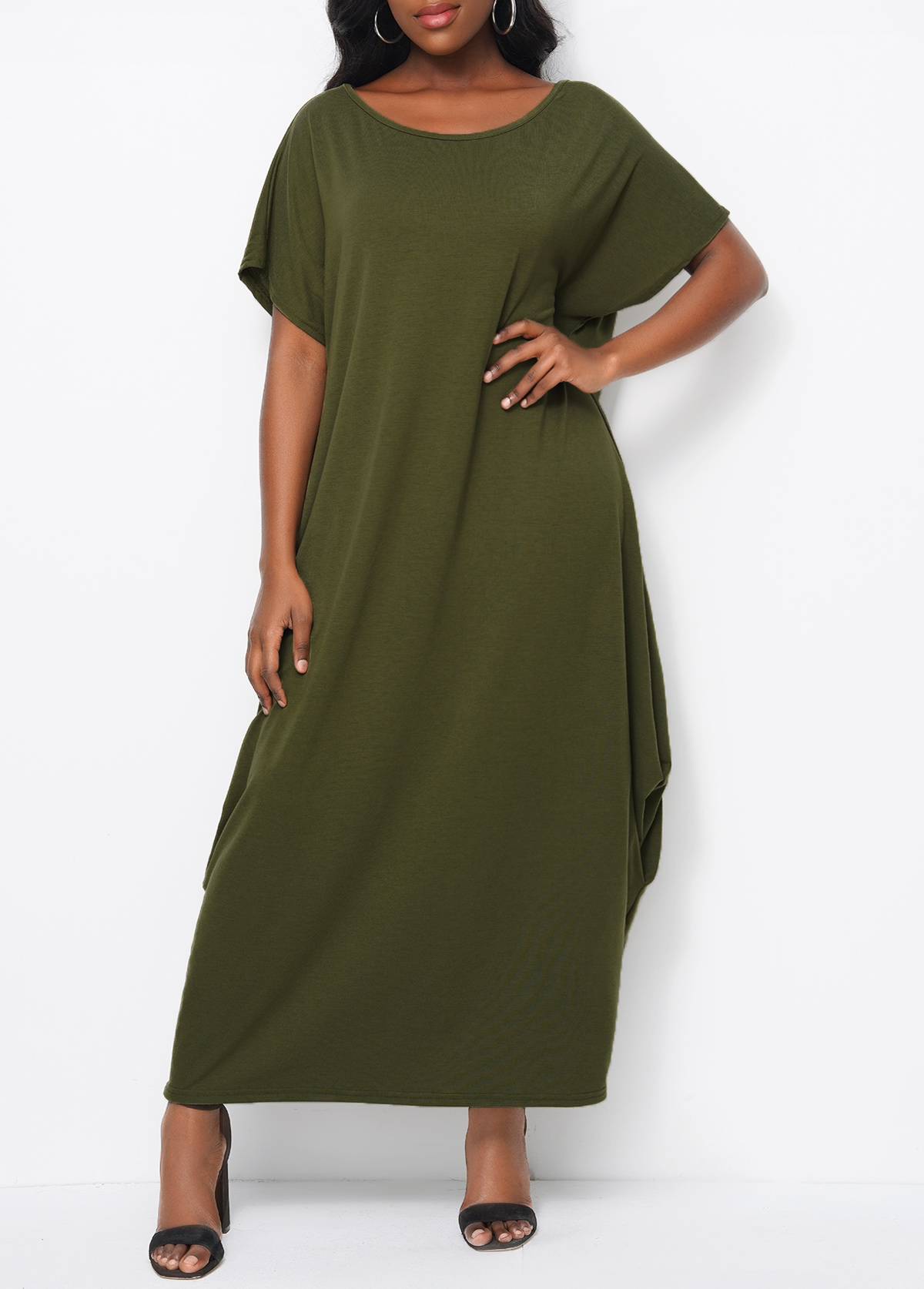Round Neck Short Sleeve Green Maxi Dress