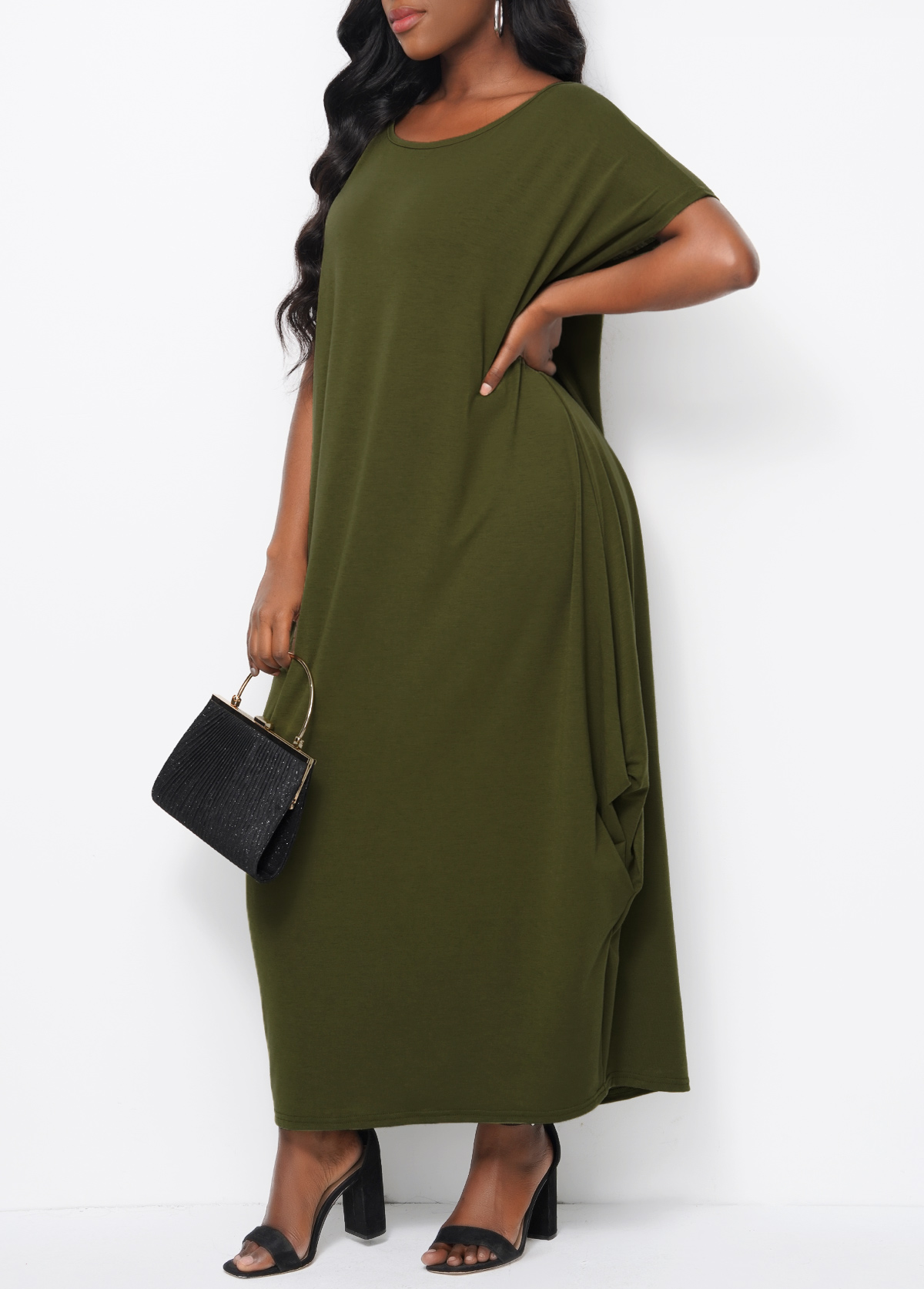 Round Neck Short Sleeve Green Maxi Dress