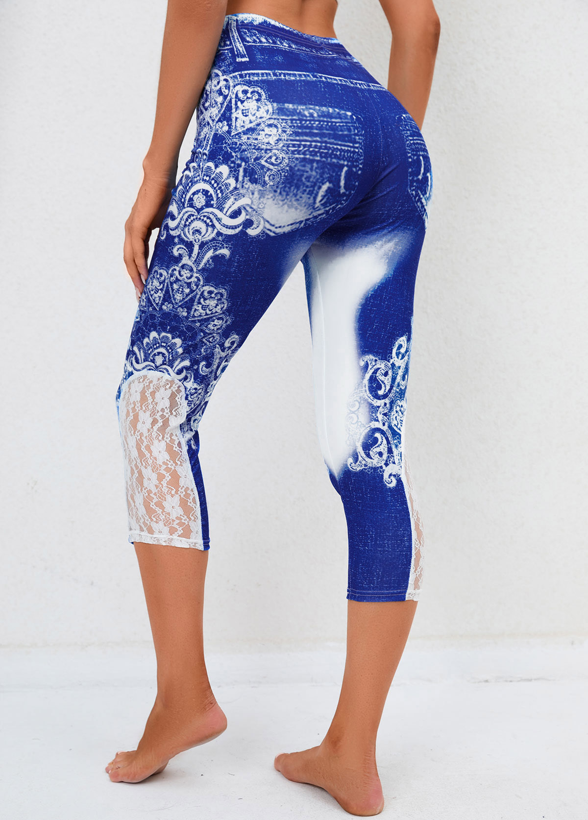 Tribal Print Denim Blue Lace Stitching Pants