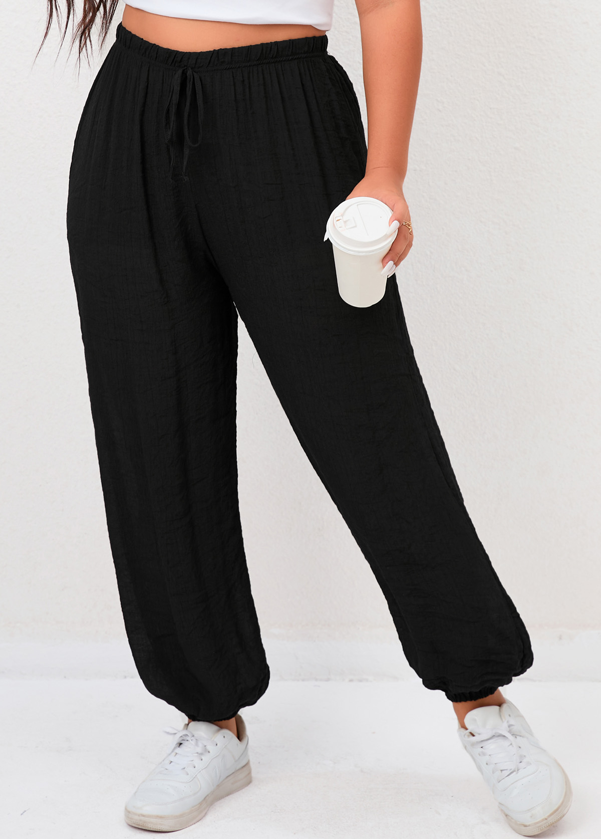 Black Tie Front Plus Size High Waisted Pants