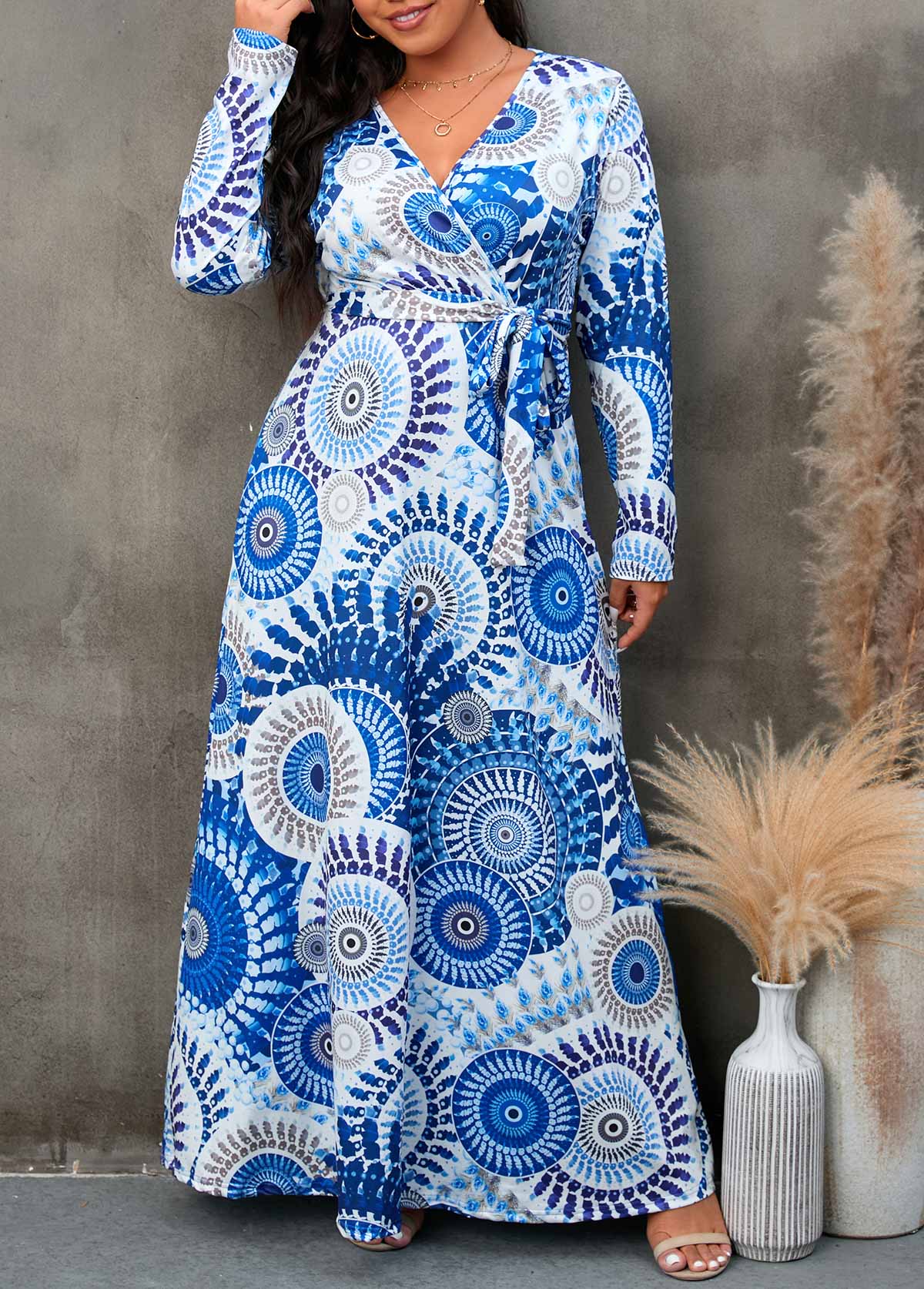 Bohemia Print Plus Size Tie Side Blue Dress