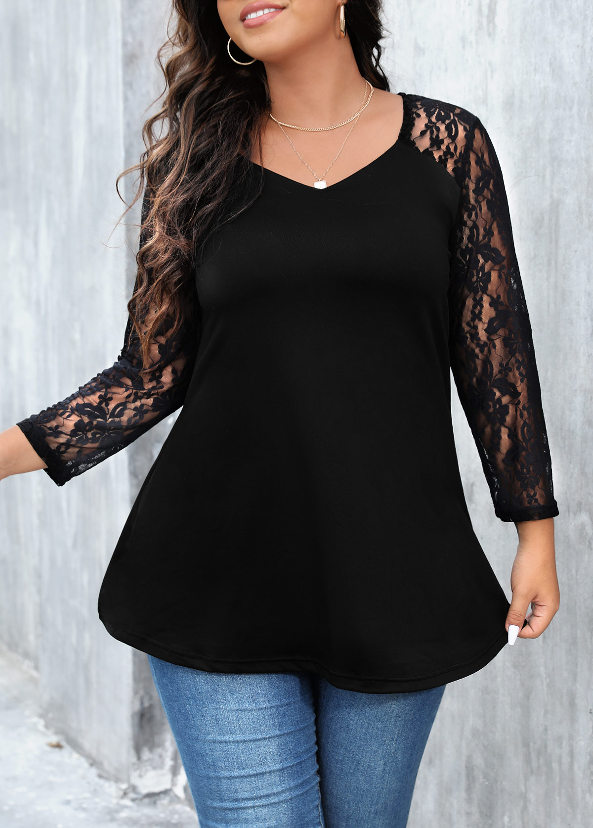 Lace Stitching Plus Size Black T Shirt