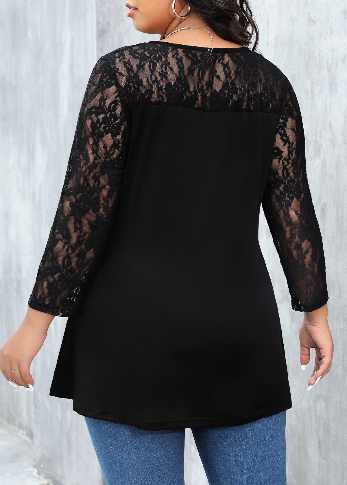 Lace Stitching Plus Size Black T Shirt