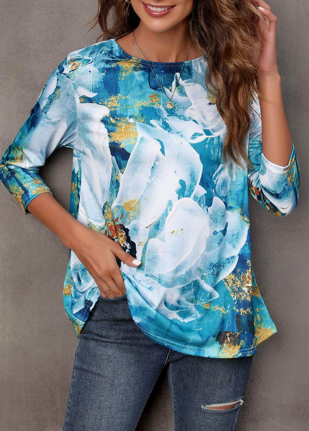 3/4 Sleeve Round Neck Floral Print T Shirt