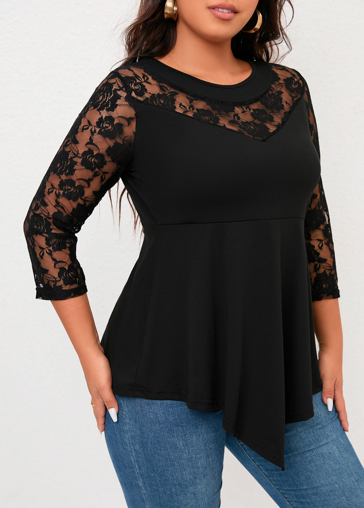 Plus Size Lace Stitching Asymmetric Hem Black T Shirt