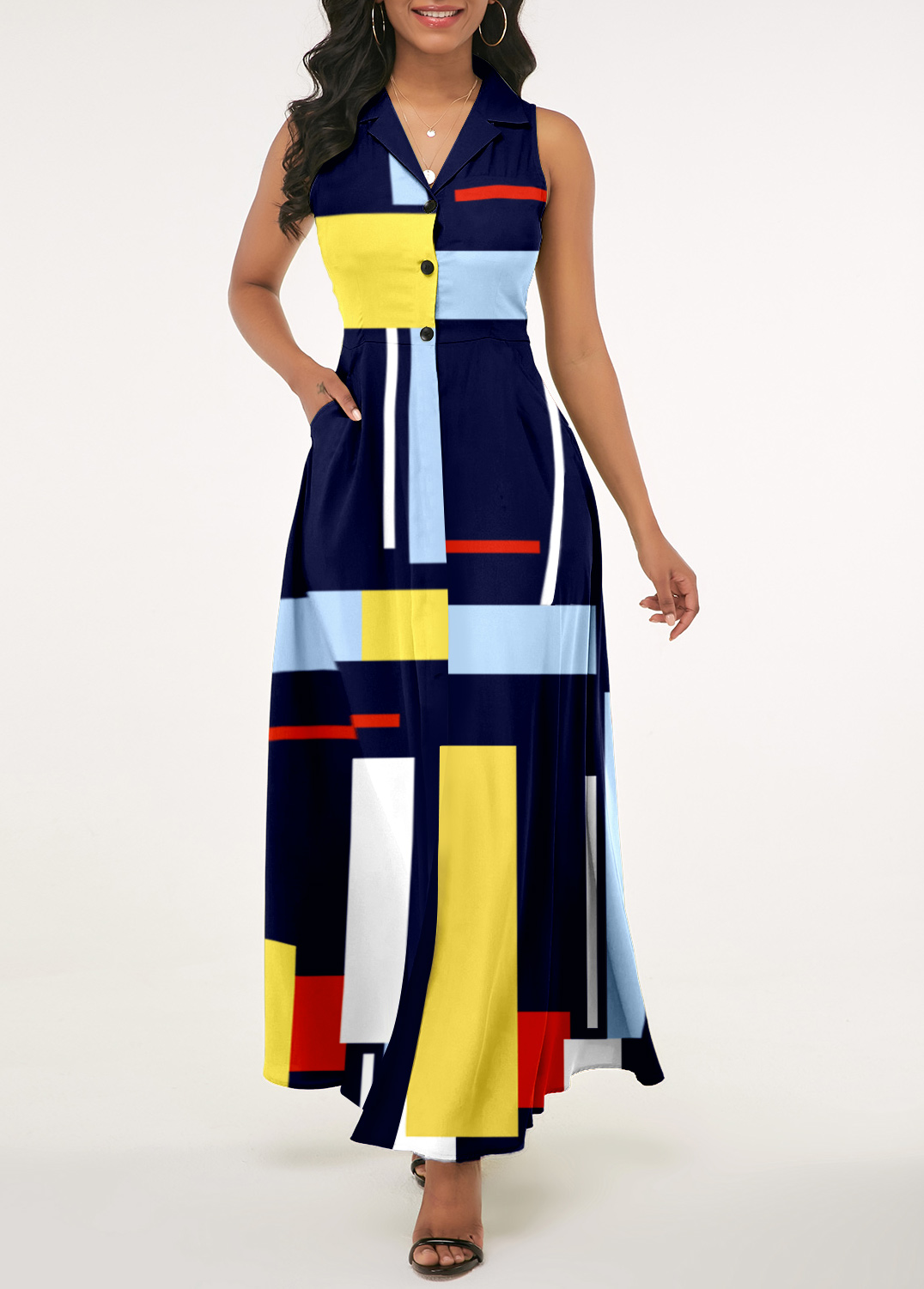 Navy Blue Notch Collar Geometric Print Dress