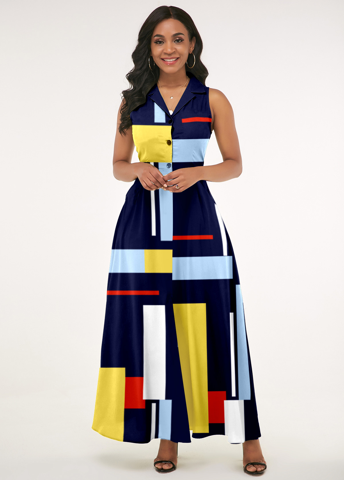 Navy Blue Notch Collar Geometric Print Dress
