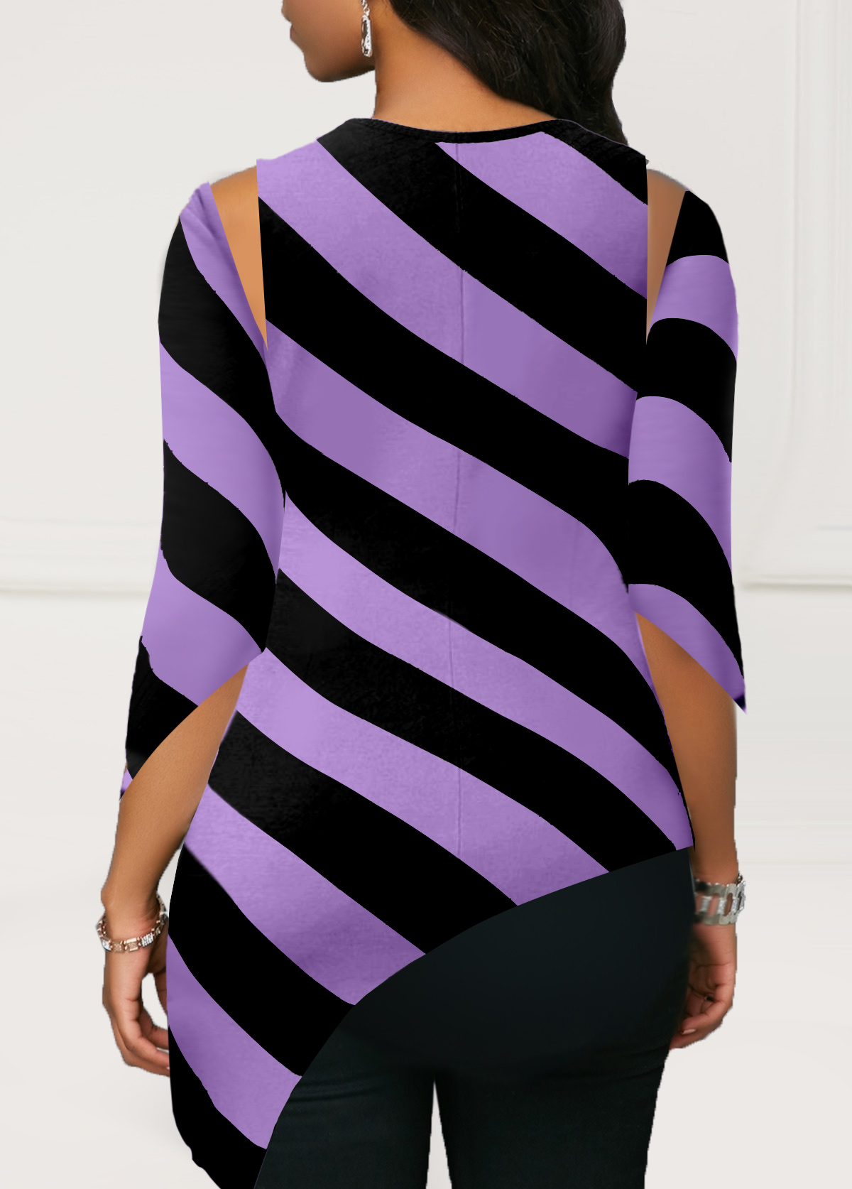 Purple Striped Asymmetric Hem Cutout Blouse