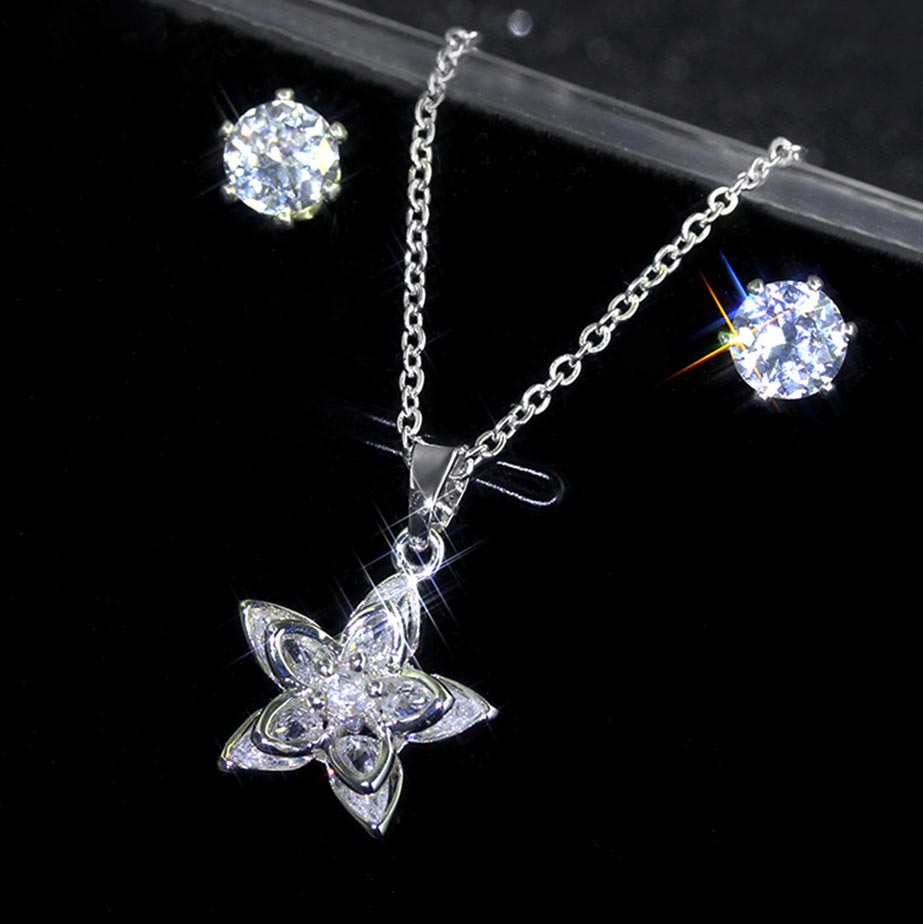 Silver Flower Pendant Rhinestone Necklace Set