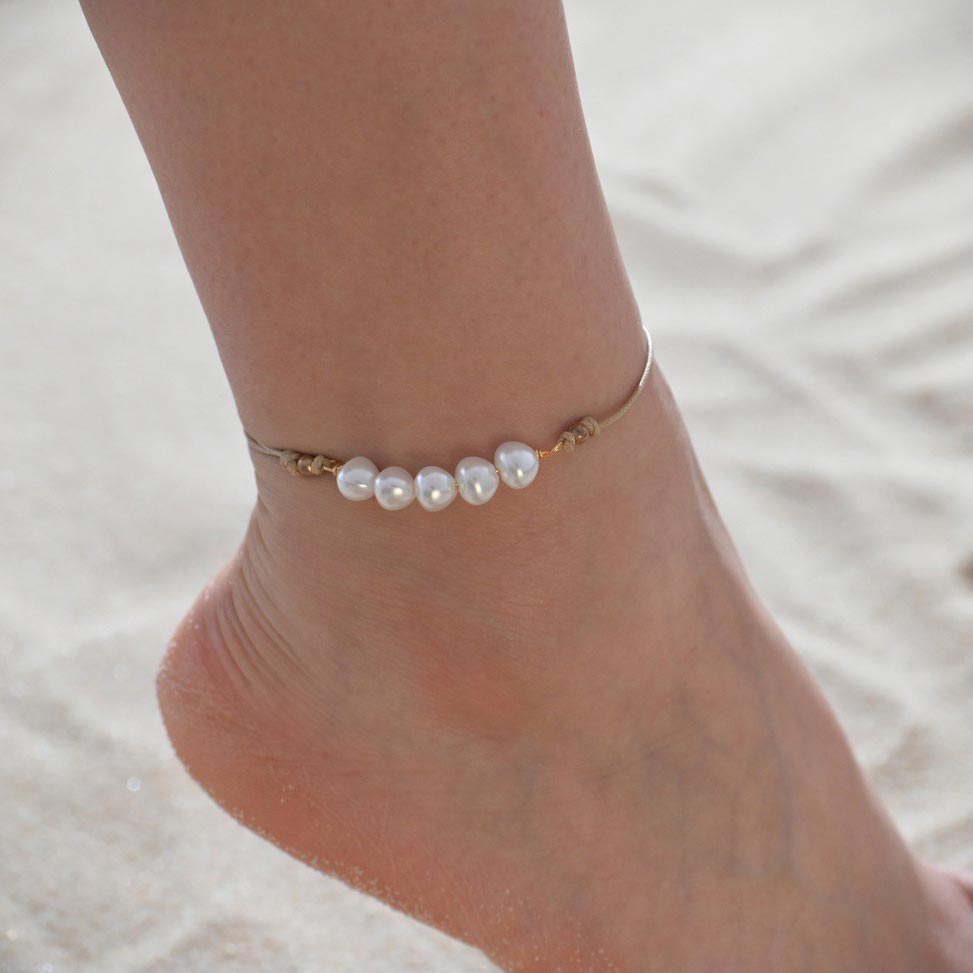 Gold Pearl Design Knitted Detail Anklet