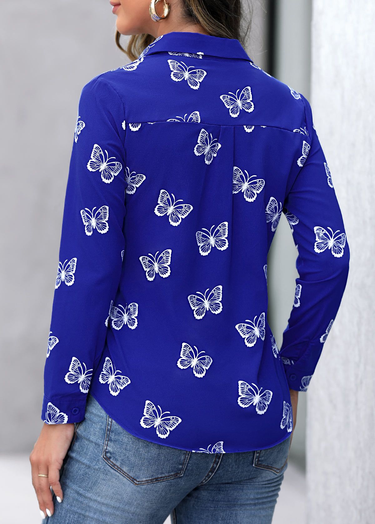 Blue Butterfly Print Turndown Collar Blouse