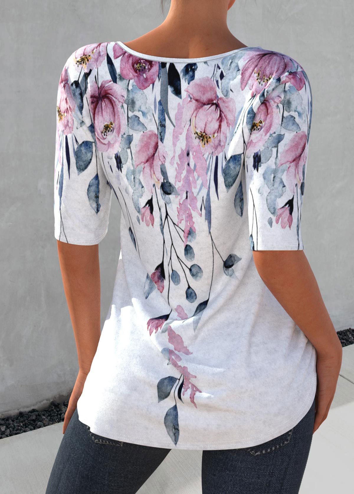 Floral Print Petal Hem Decorative Button T Shirt