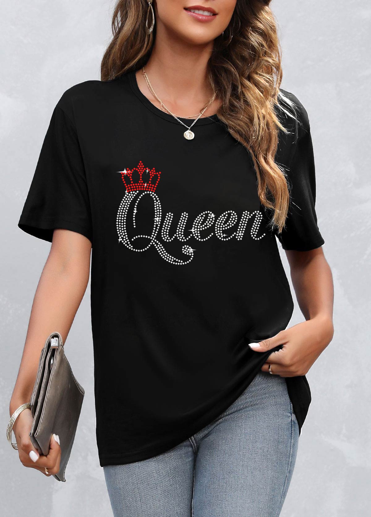 Black Hot Stamping Letter Round Neck T Shirt