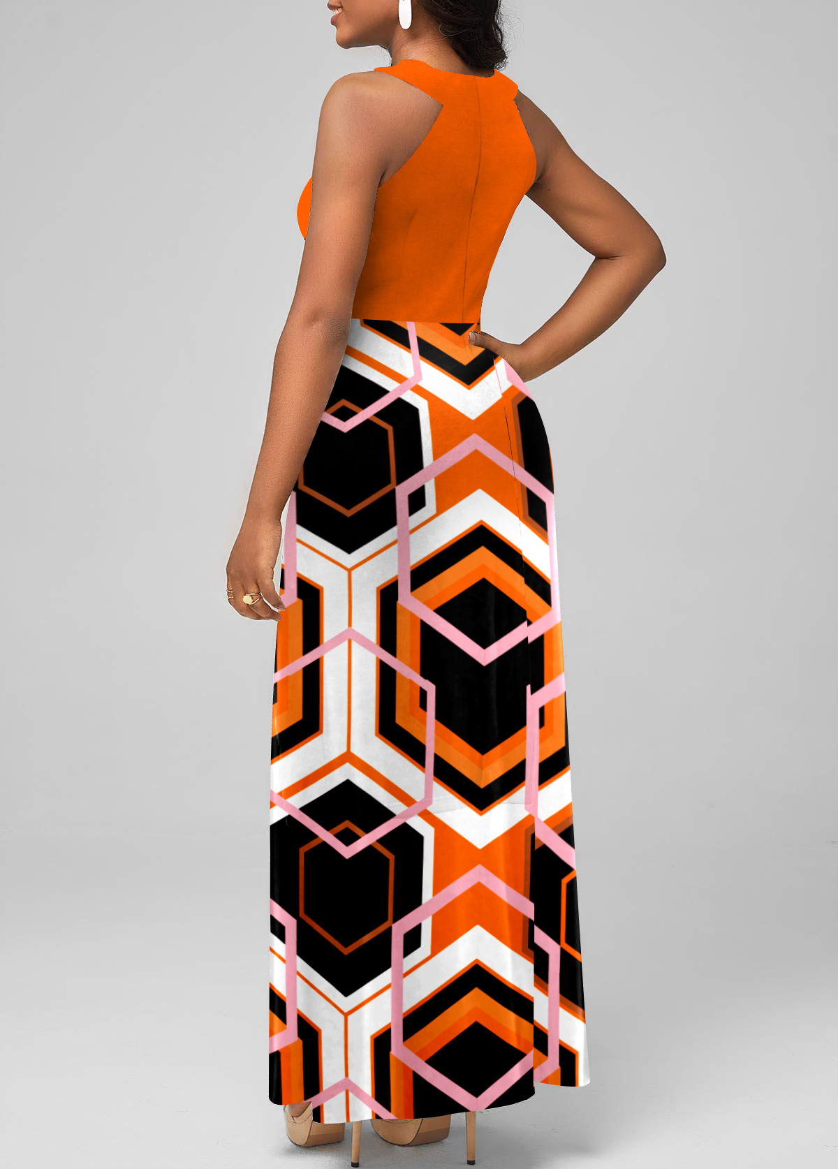 Geometric Print Halter Orange Maxi Dress