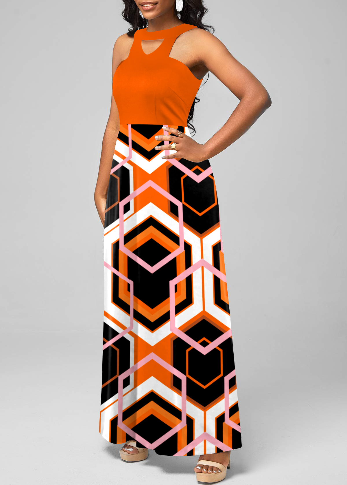 Geometric Print Halter Orange Maxi Dress