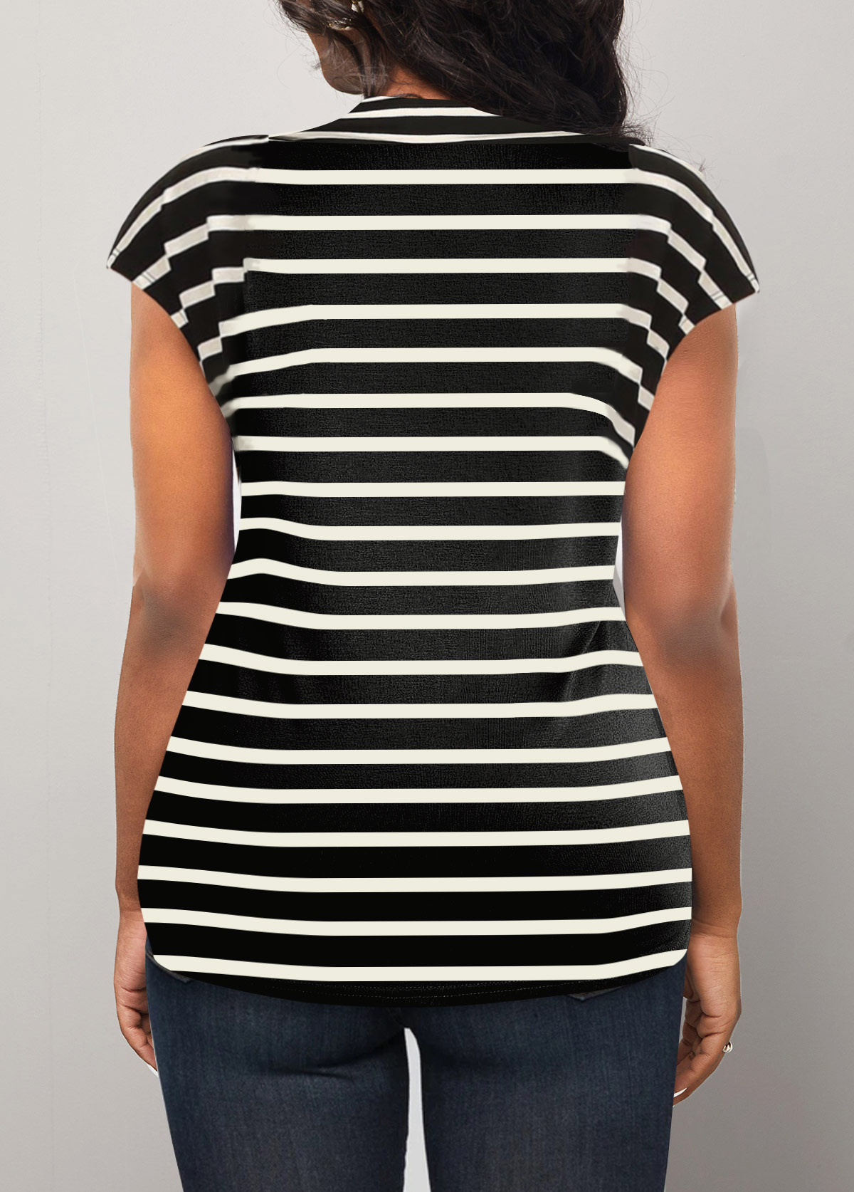 Striped Color Block Front Cross Short Sleeve T Shirt