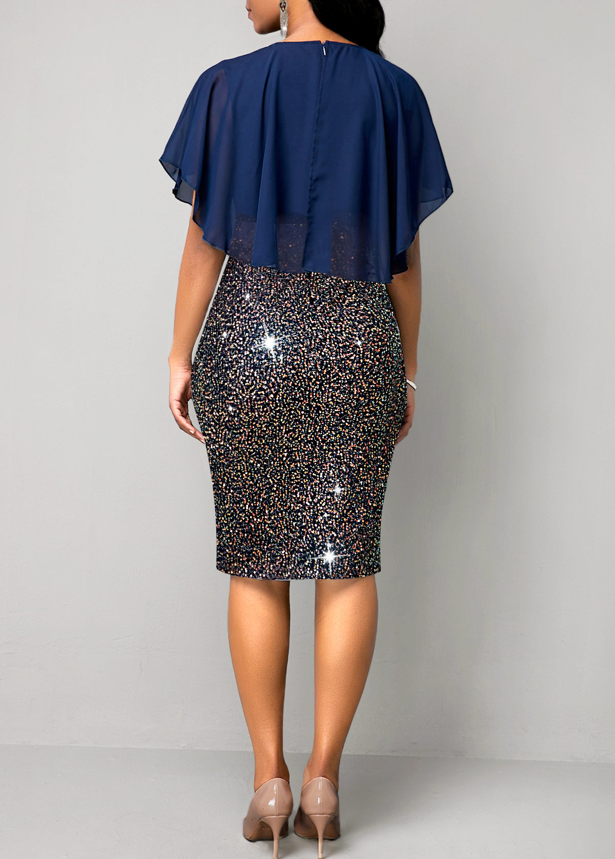 Navy Blue Cape Sleeve Glitter Fabric Dress